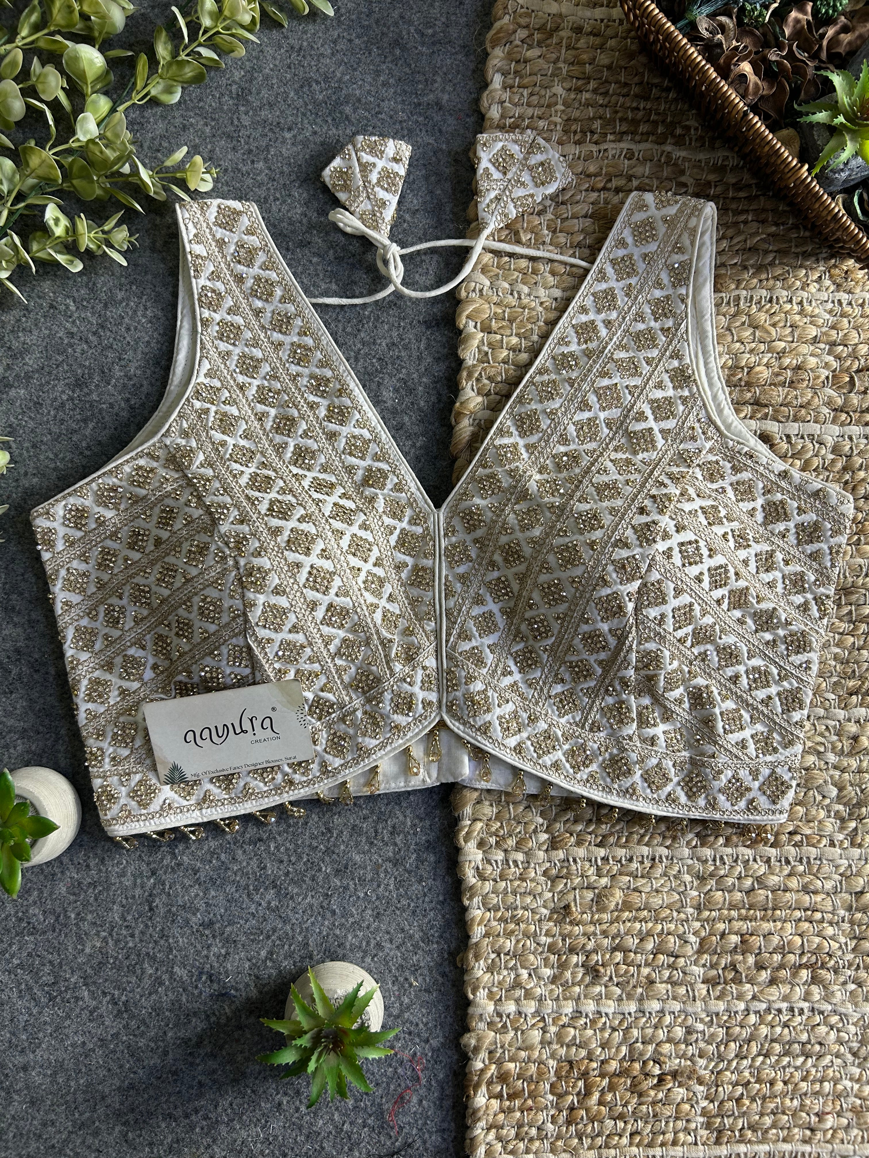 Heavy Stone Work Designer V-Neck Lace Blouse