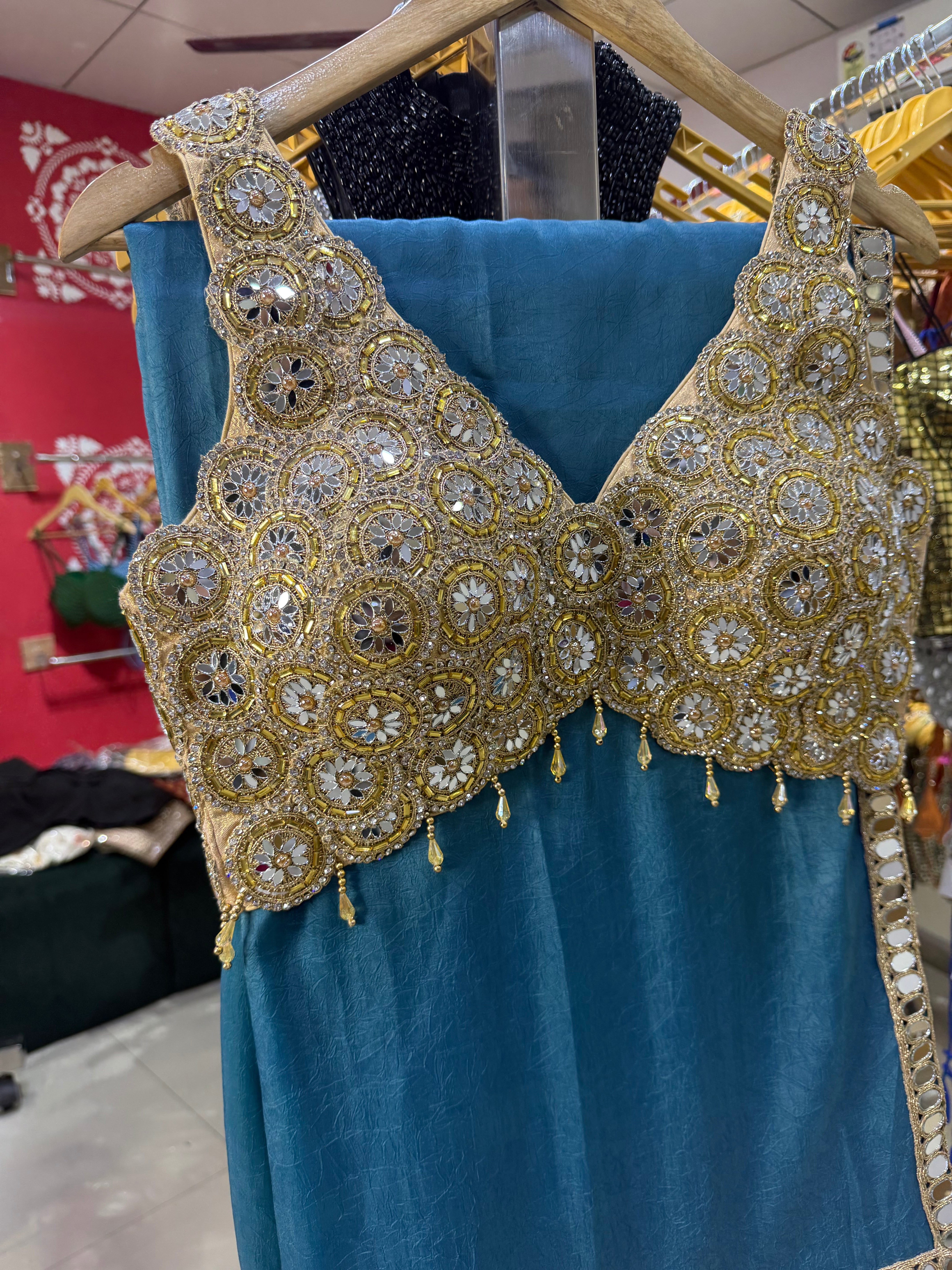 Luxury Beads & Mirror Silk Blouse Saree Combo