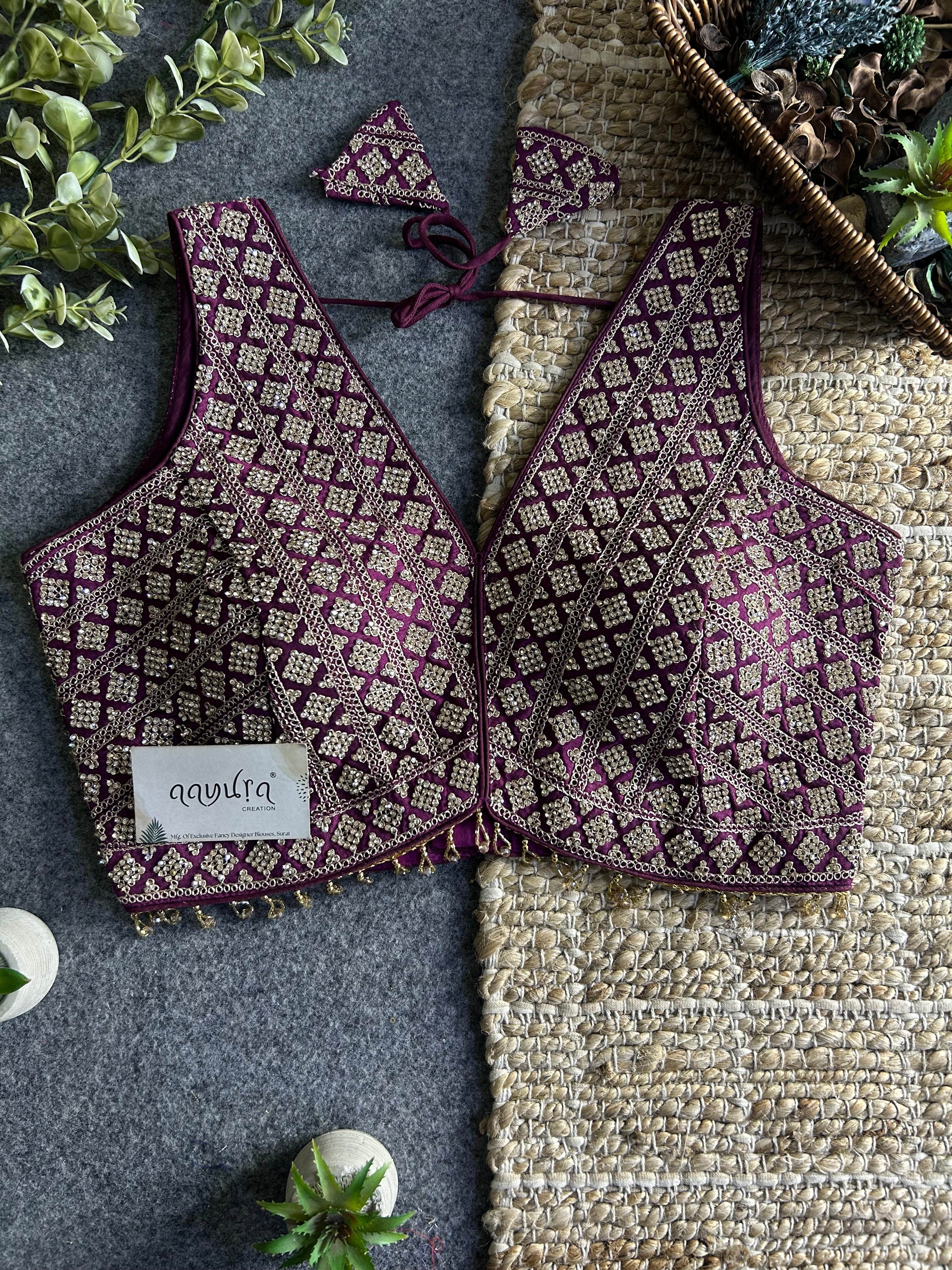 Heavy Stone Work Designer V-Neck Lace Blouse