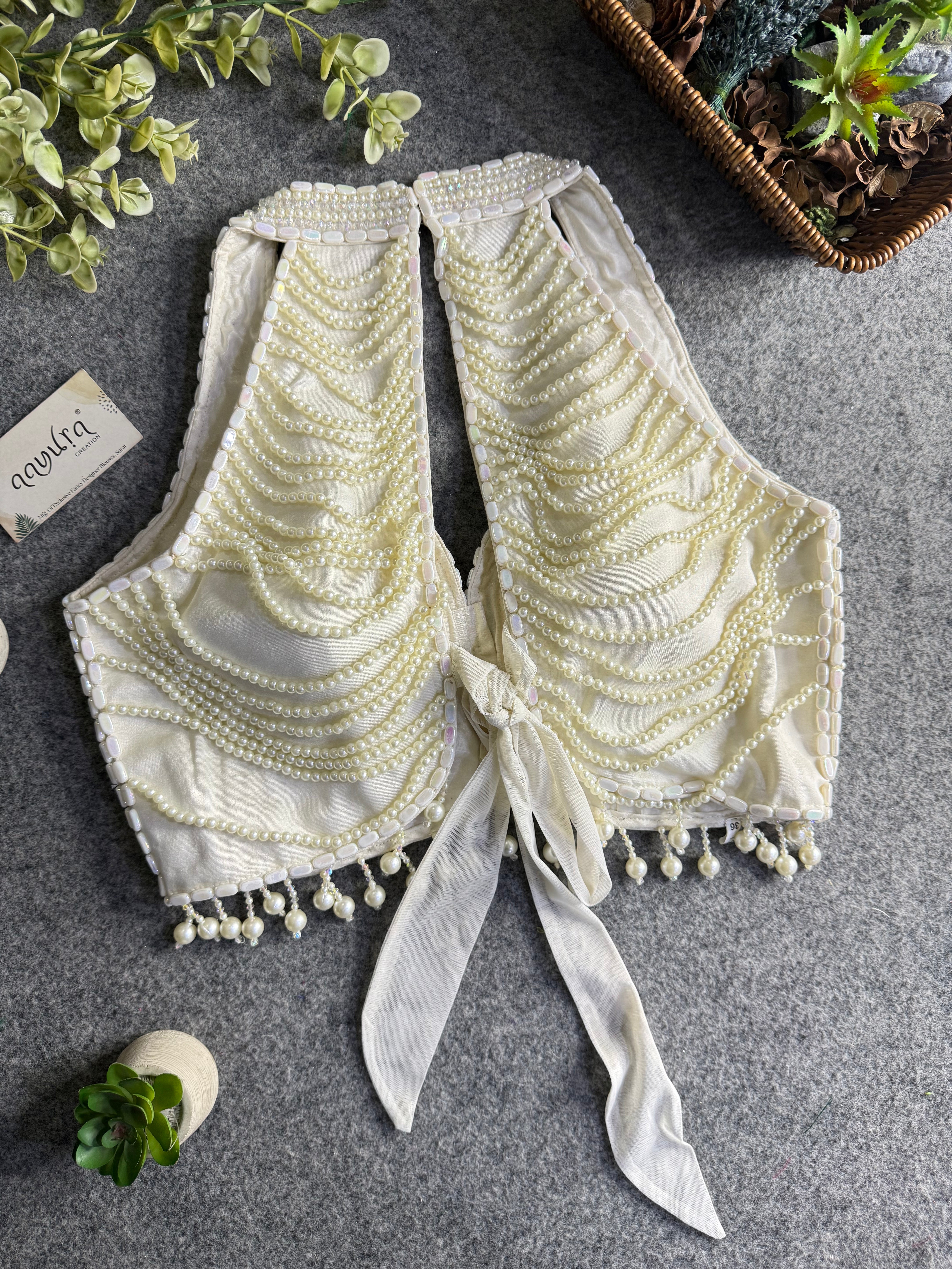 Heavy Pearl Handworked Back-Tie Designer Blouse