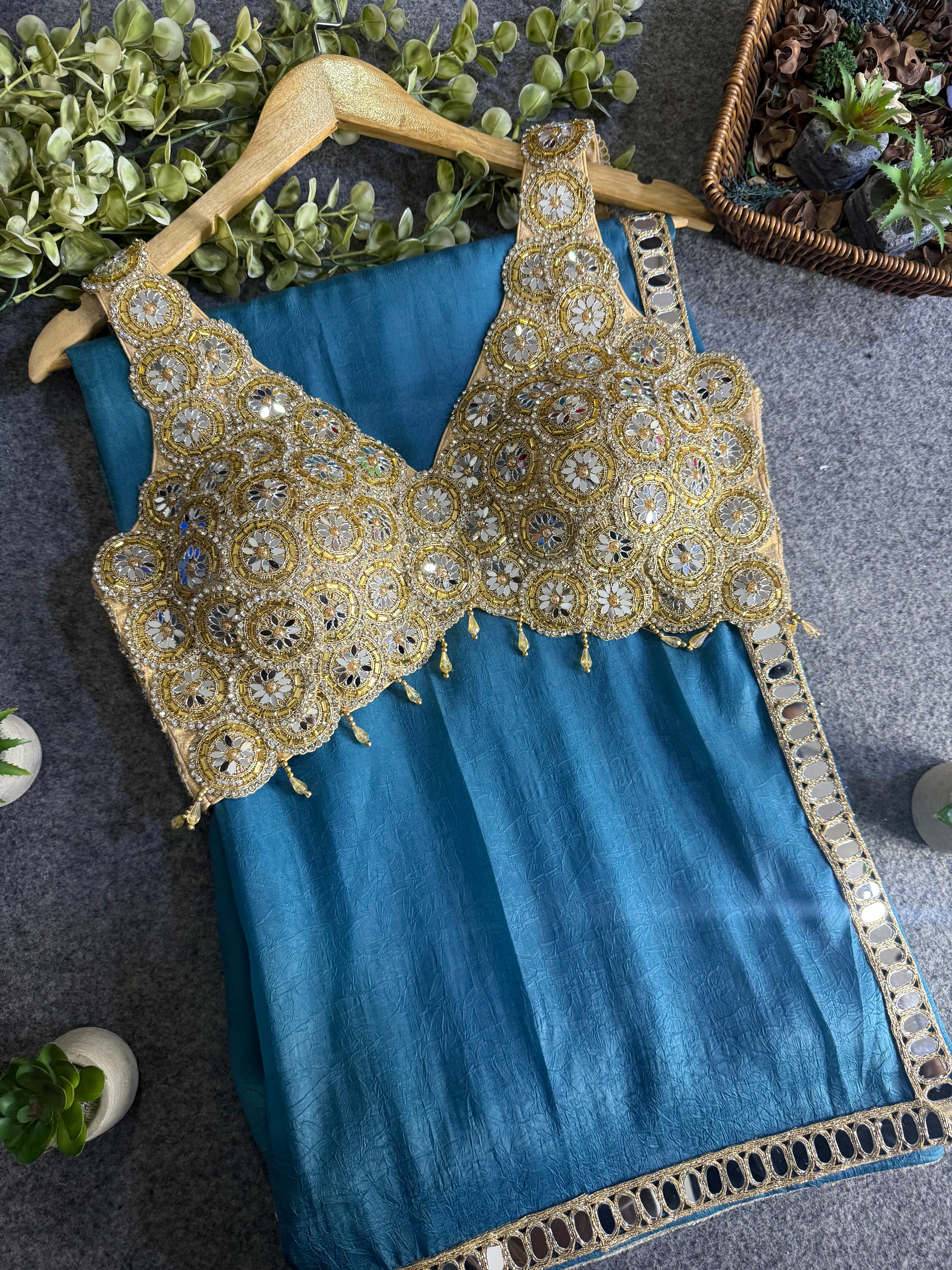 Luxury Beads & Mirror Silk Blouse Saree Combo
