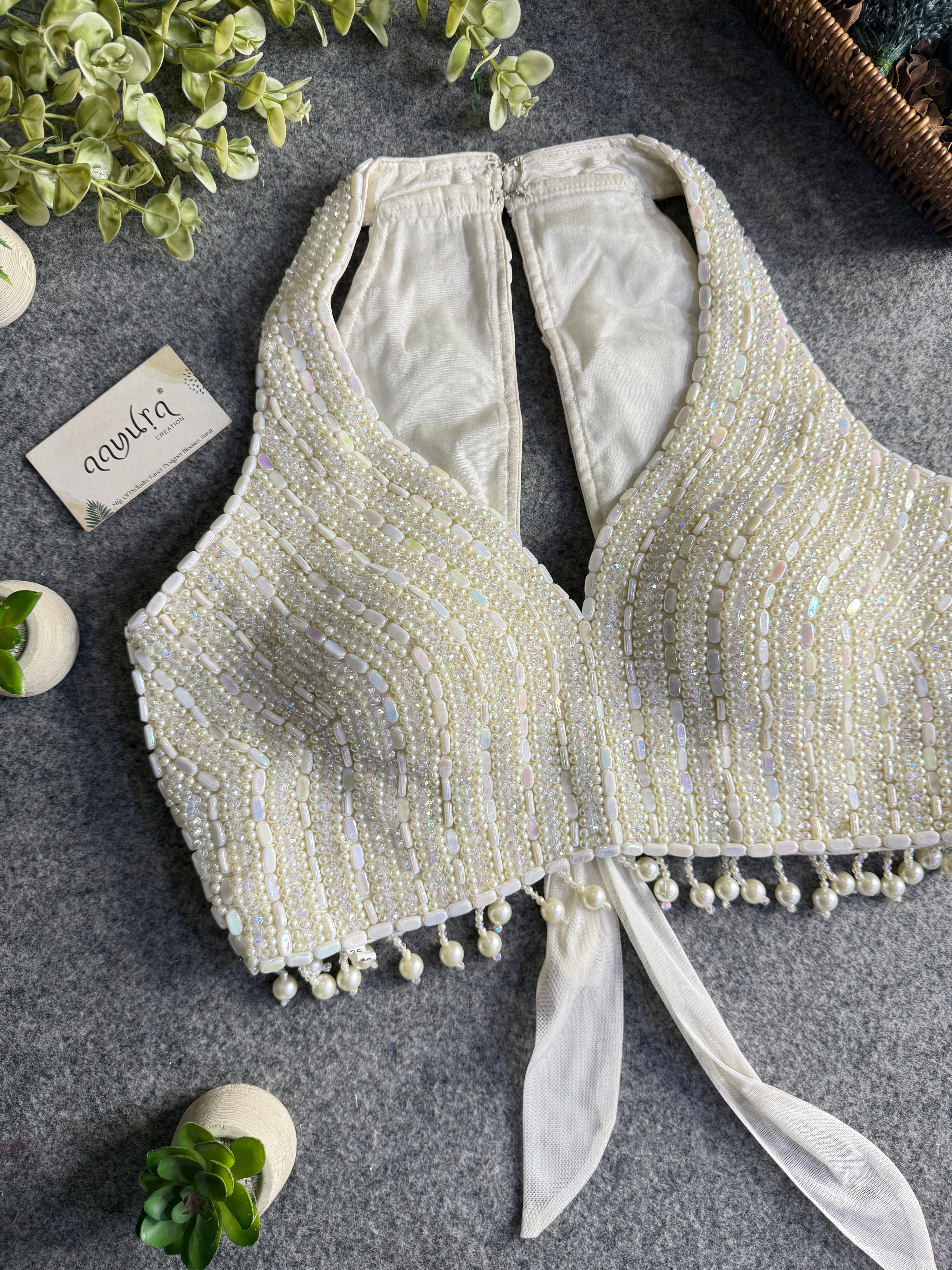 Heavy Pearl Handworked Back-Tie Designer Blouse