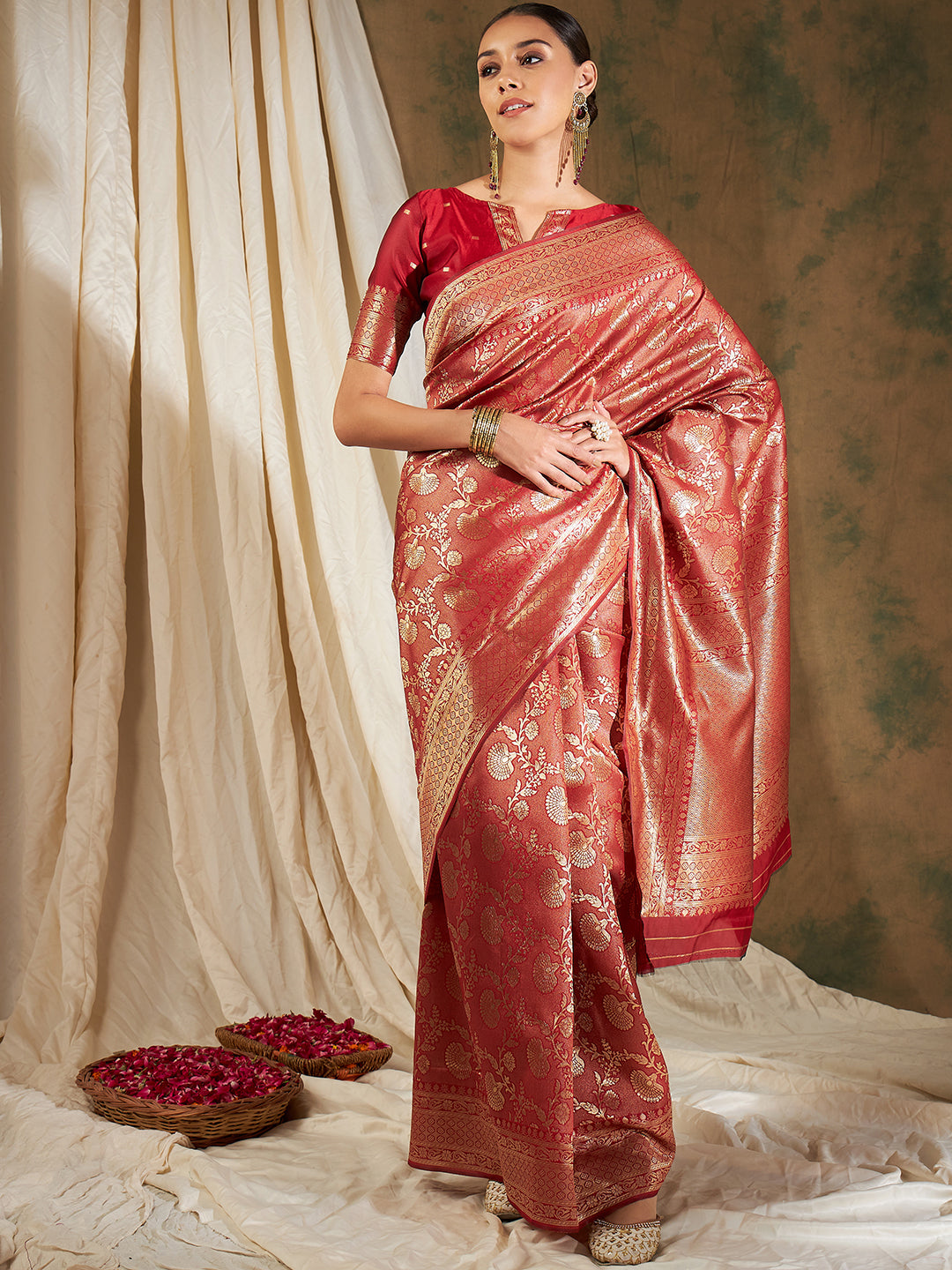 Banarasi Silk Flower Jall Saree- Red
