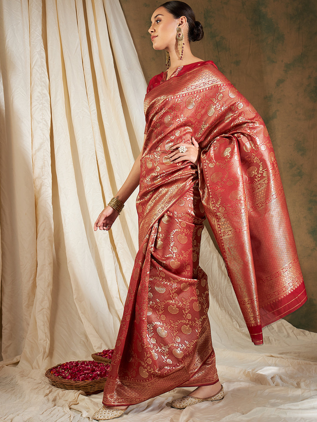 Banarasi Silk Flower Jall Saree- Red