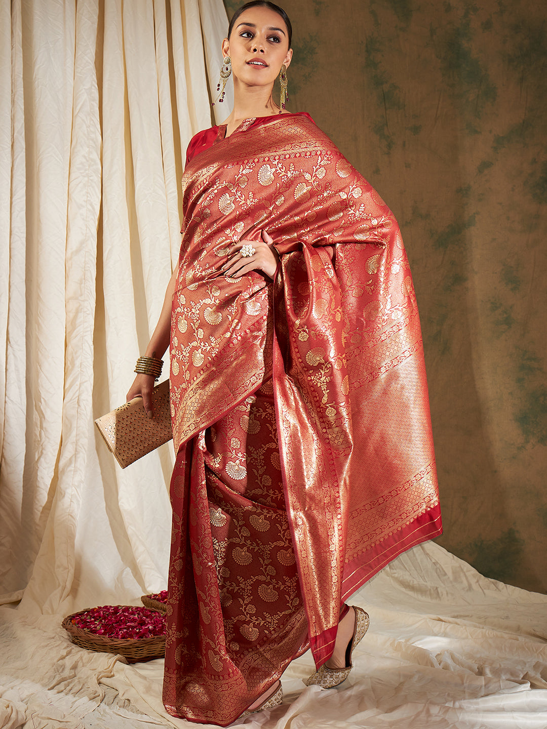 Banarasi Silk Flower Jall Saree- Red
