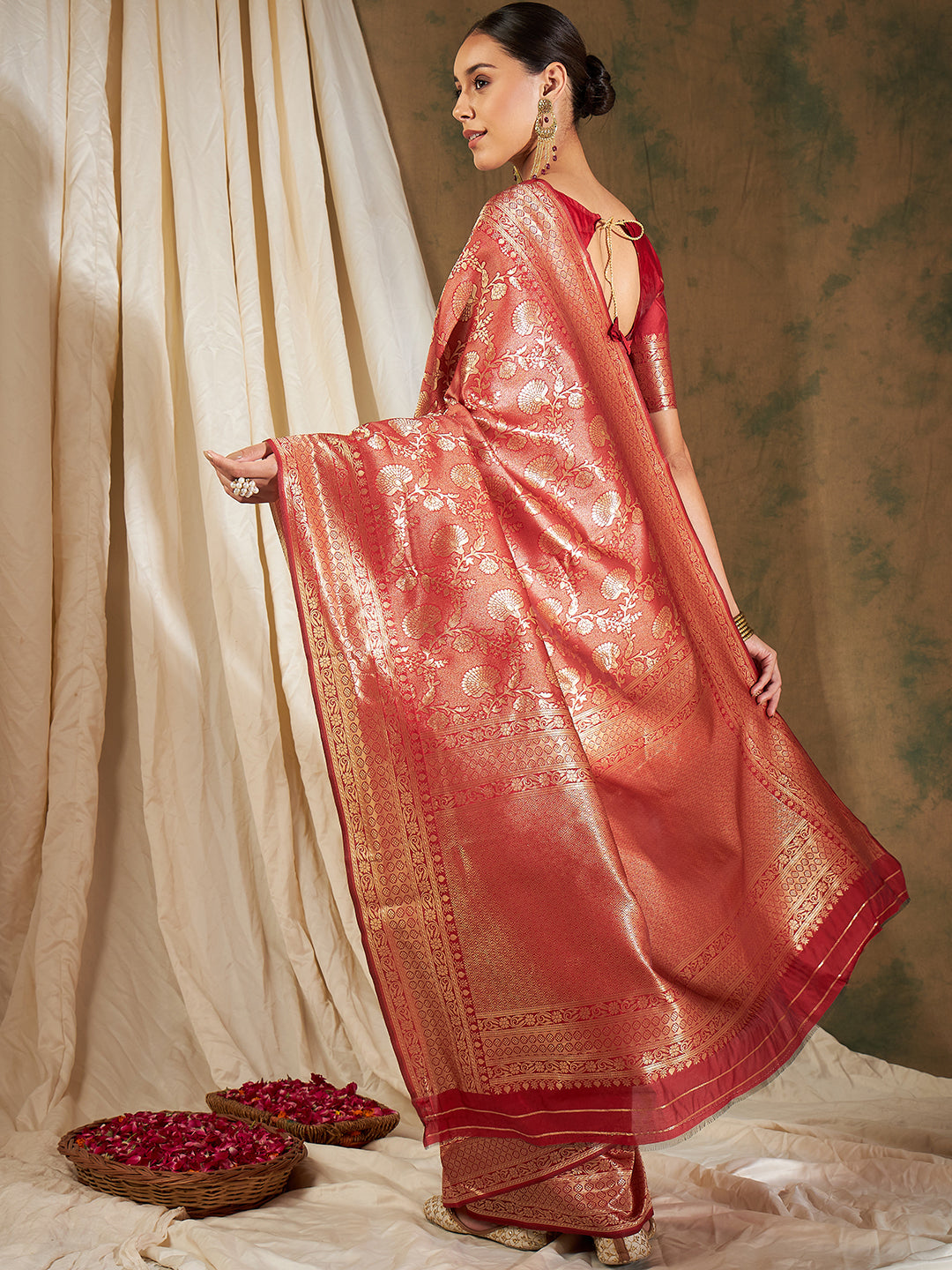 Banarasi Silk Flower Jall Saree- Red