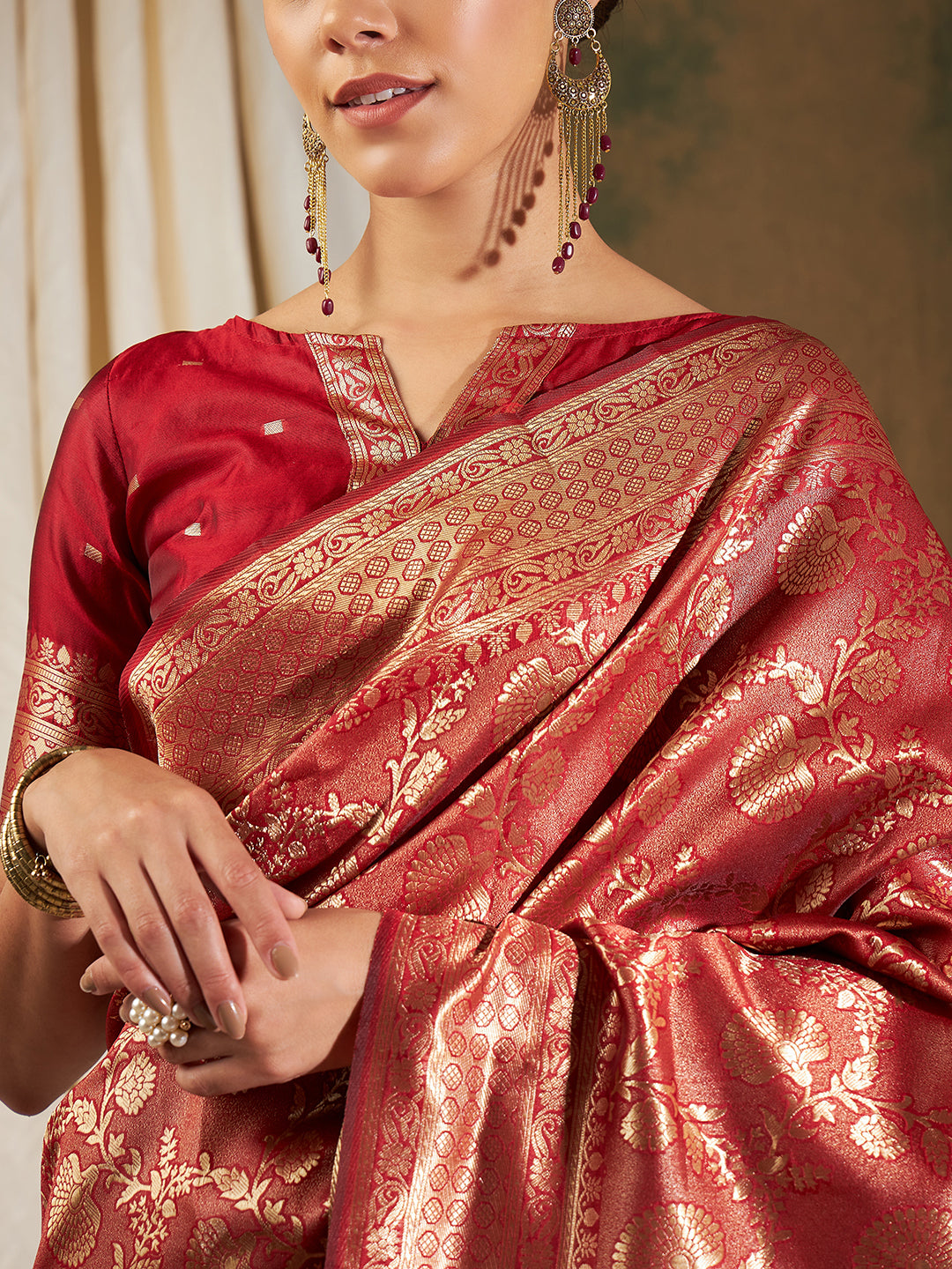 Banarasi Silk Flower Jall Saree- Red