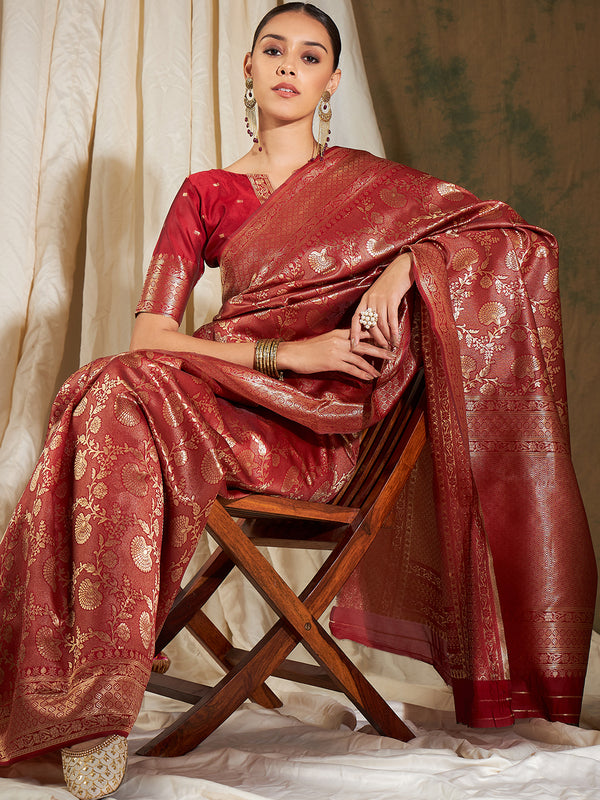 Banarasi Silk Flower Jall Saree- Red