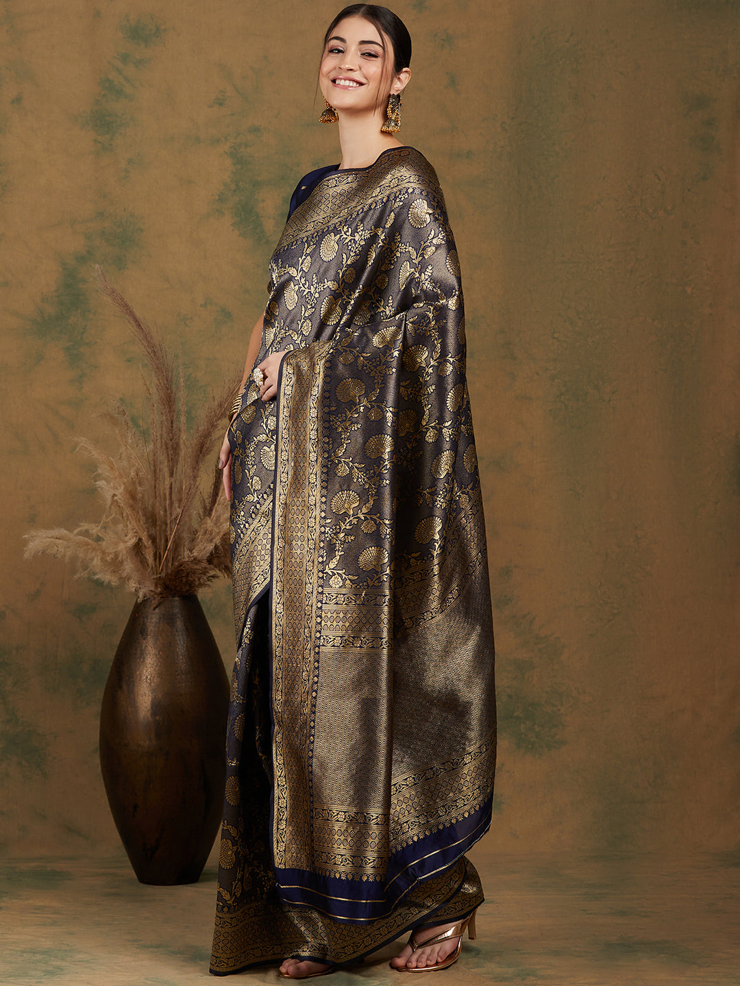 Banarasi Silk Flower Jall Saree-Navy Blue