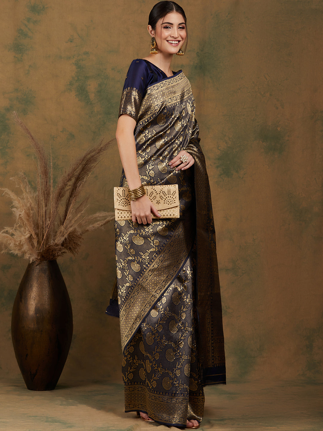 Banarasi Silk Flower Jall Saree-Navy Blue