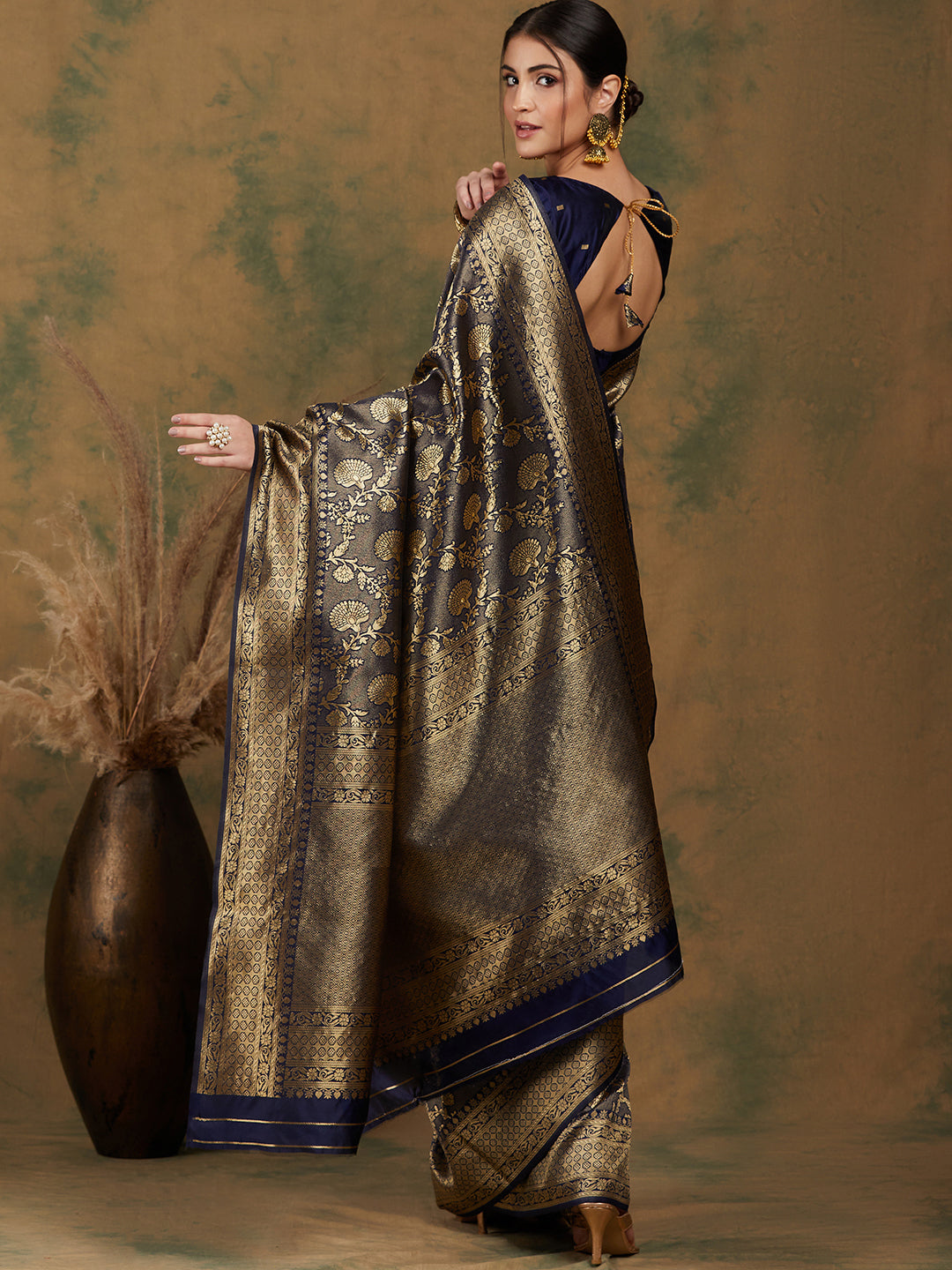 Banarasi Silk Flower Jall Saree-Navy Blue