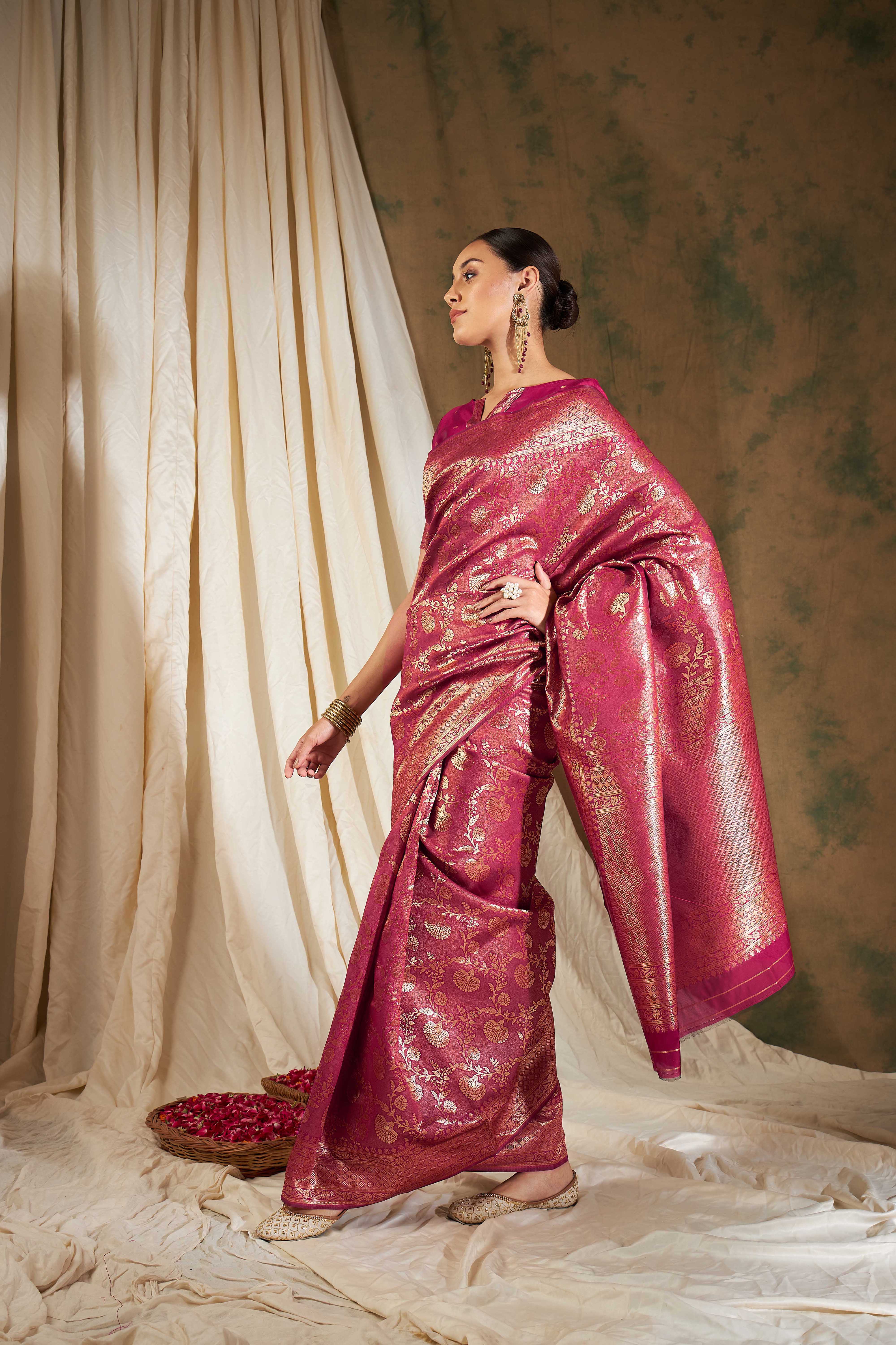 Banarasi Silk Flower Jall Saree-Rani