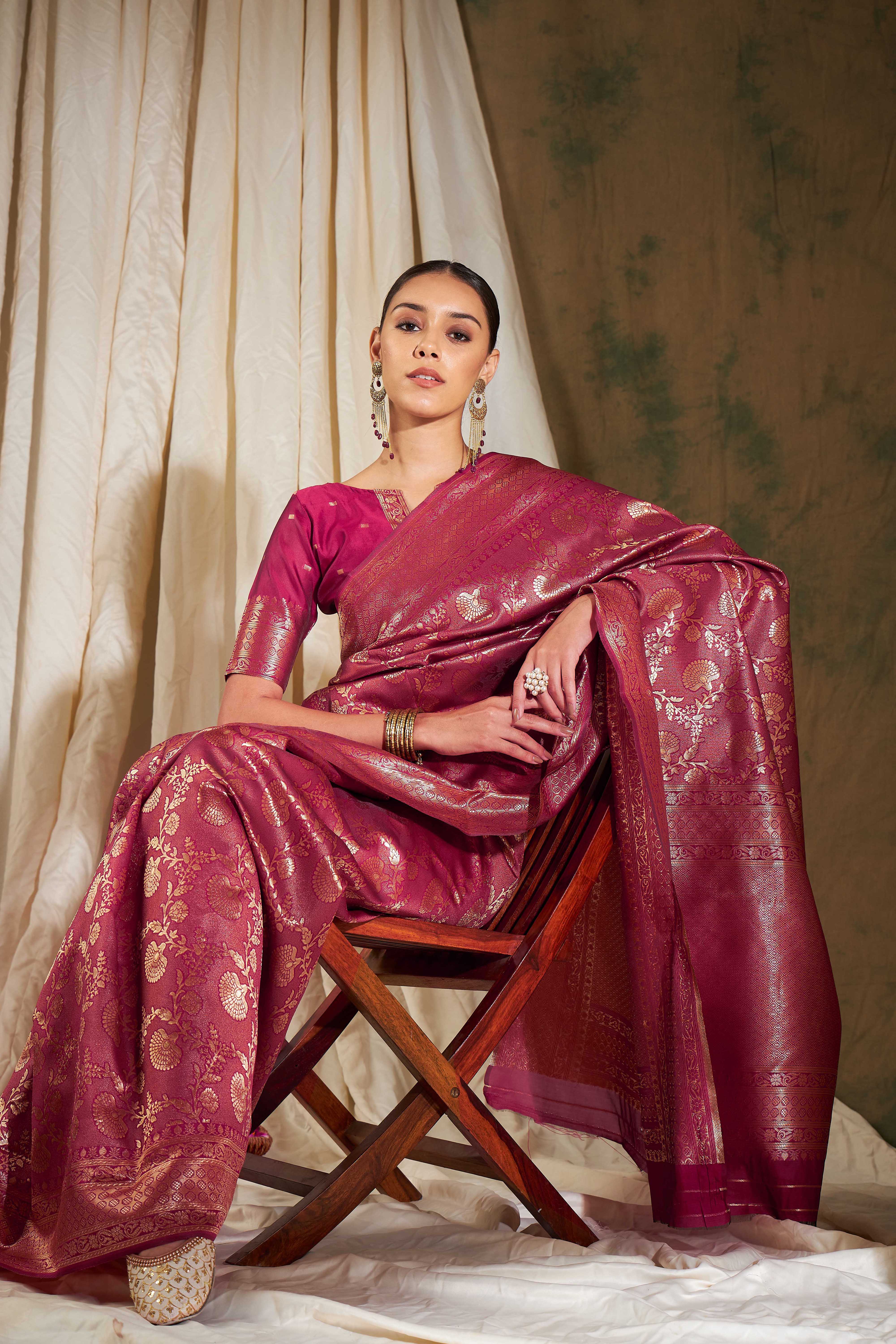 Banarasi Silk Flower Jall Saree-Rani