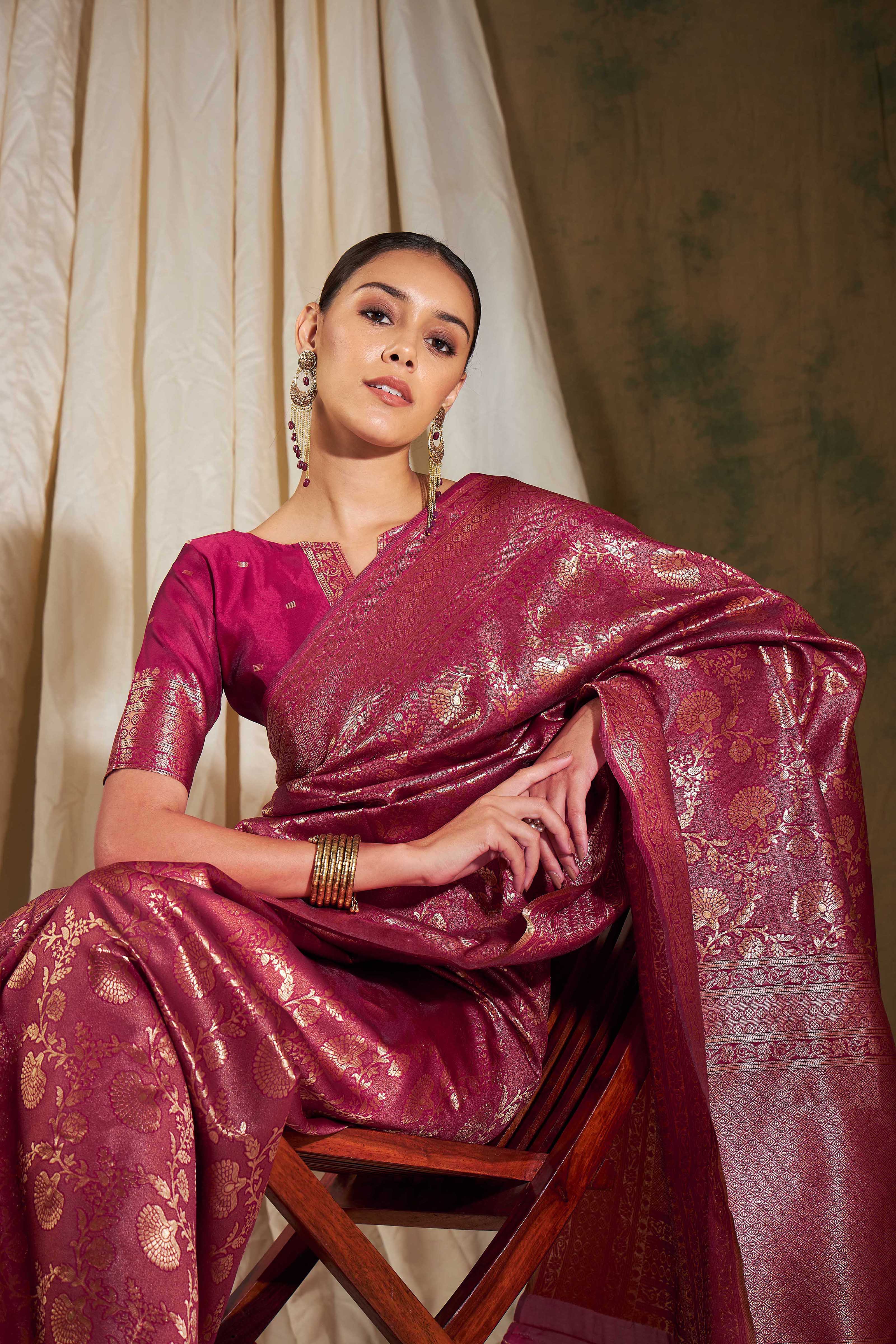 Banarasi Silk Flower Jall Saree-Rani