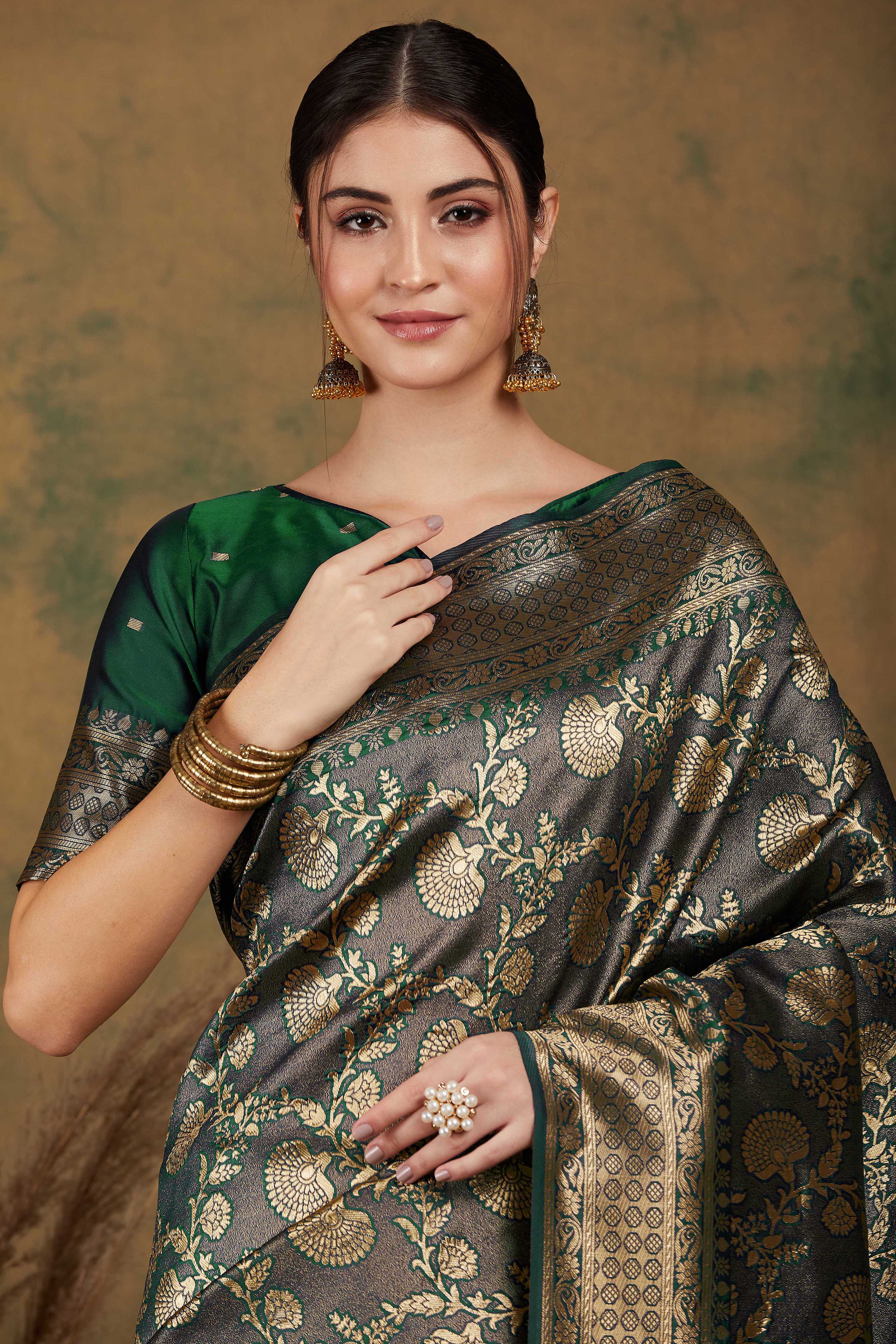 Banarasi Silk Flower Jall Saree-Green