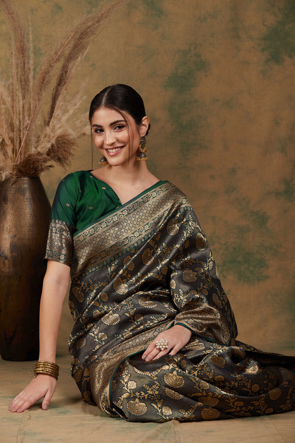 Banarasi Silk Flower Jall Saree-Green