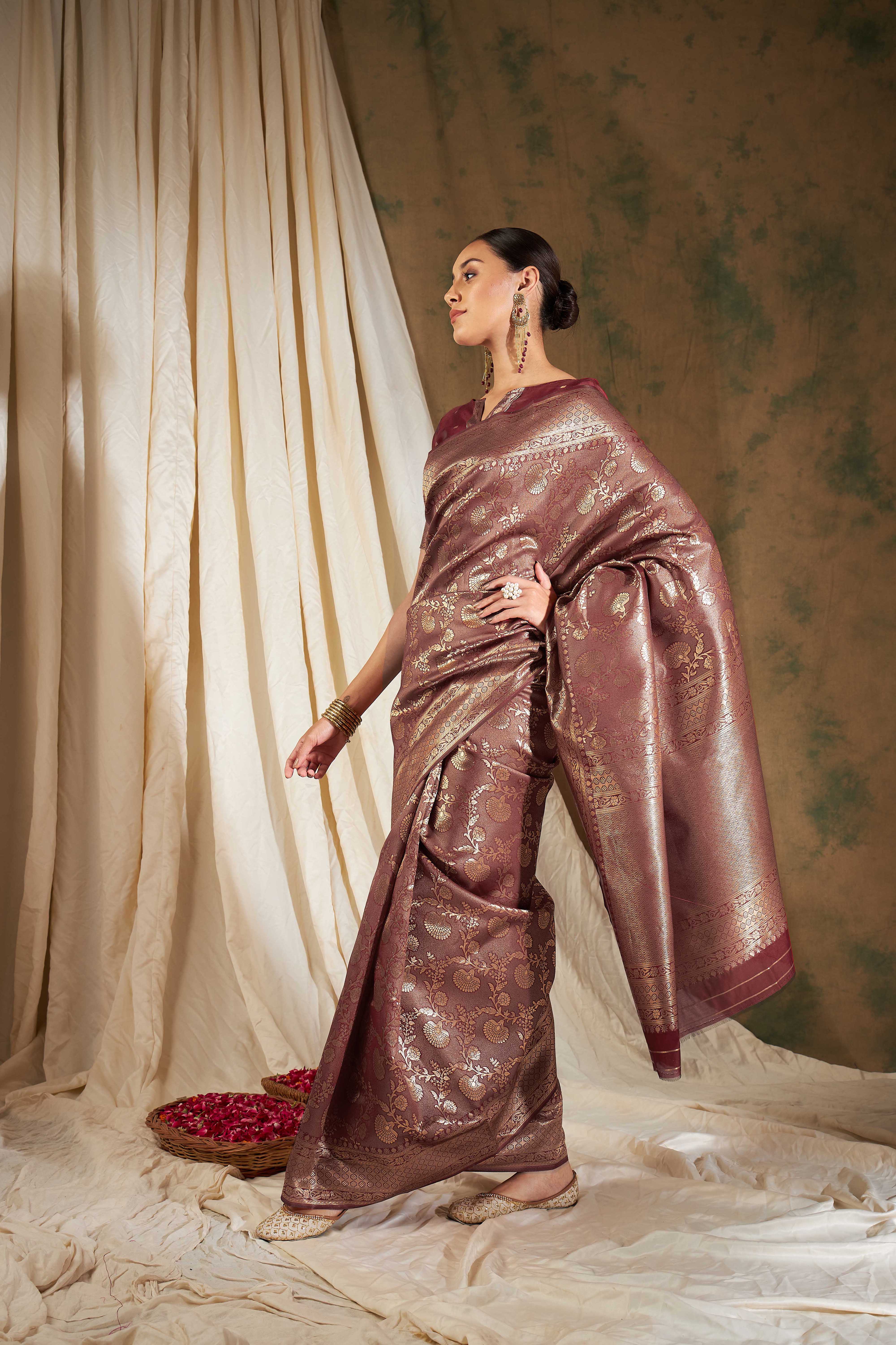 Banarasi Silk Flower Jall Saree-Maroon