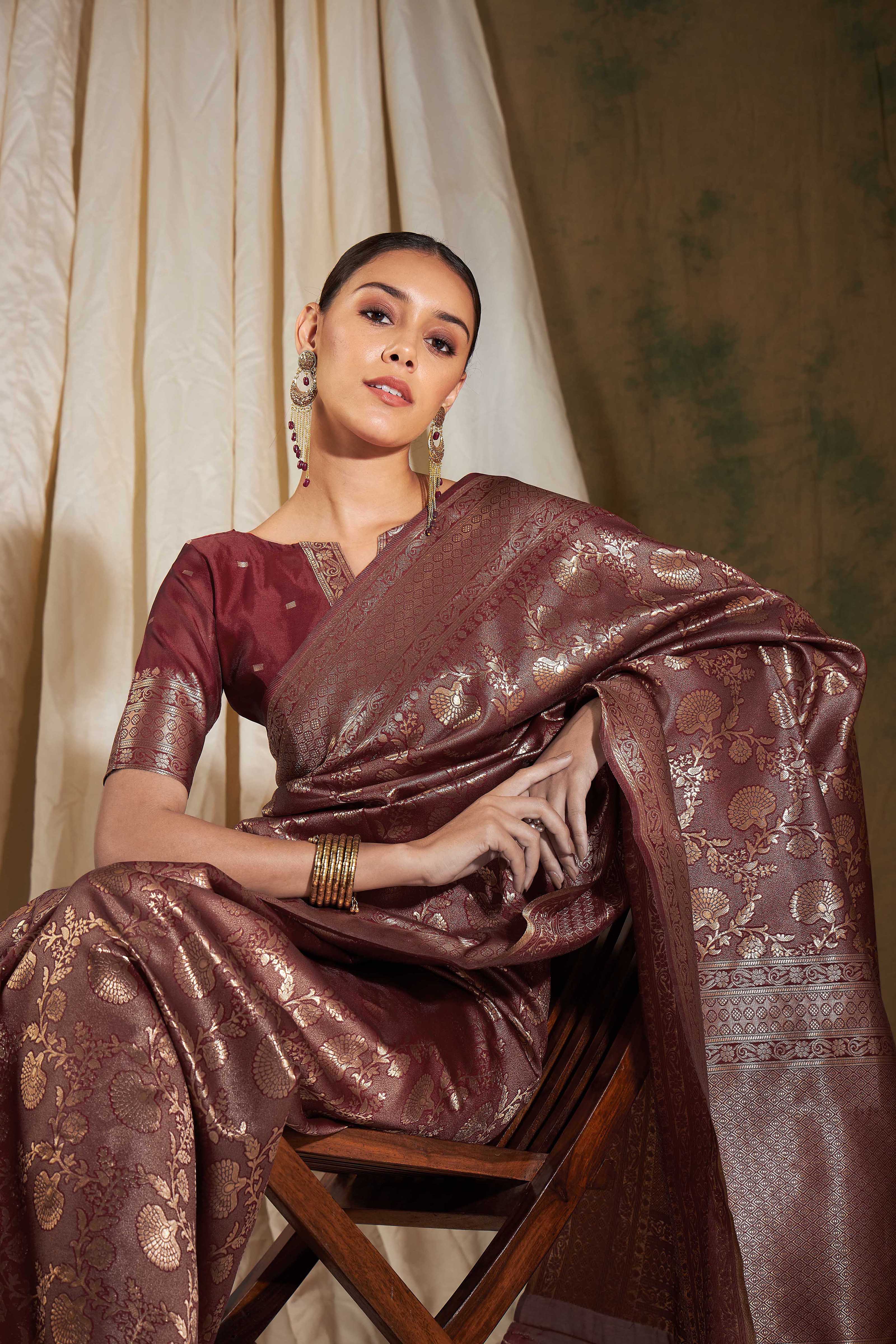 Banarasi Silk Flower Jall Saree-Maroon
