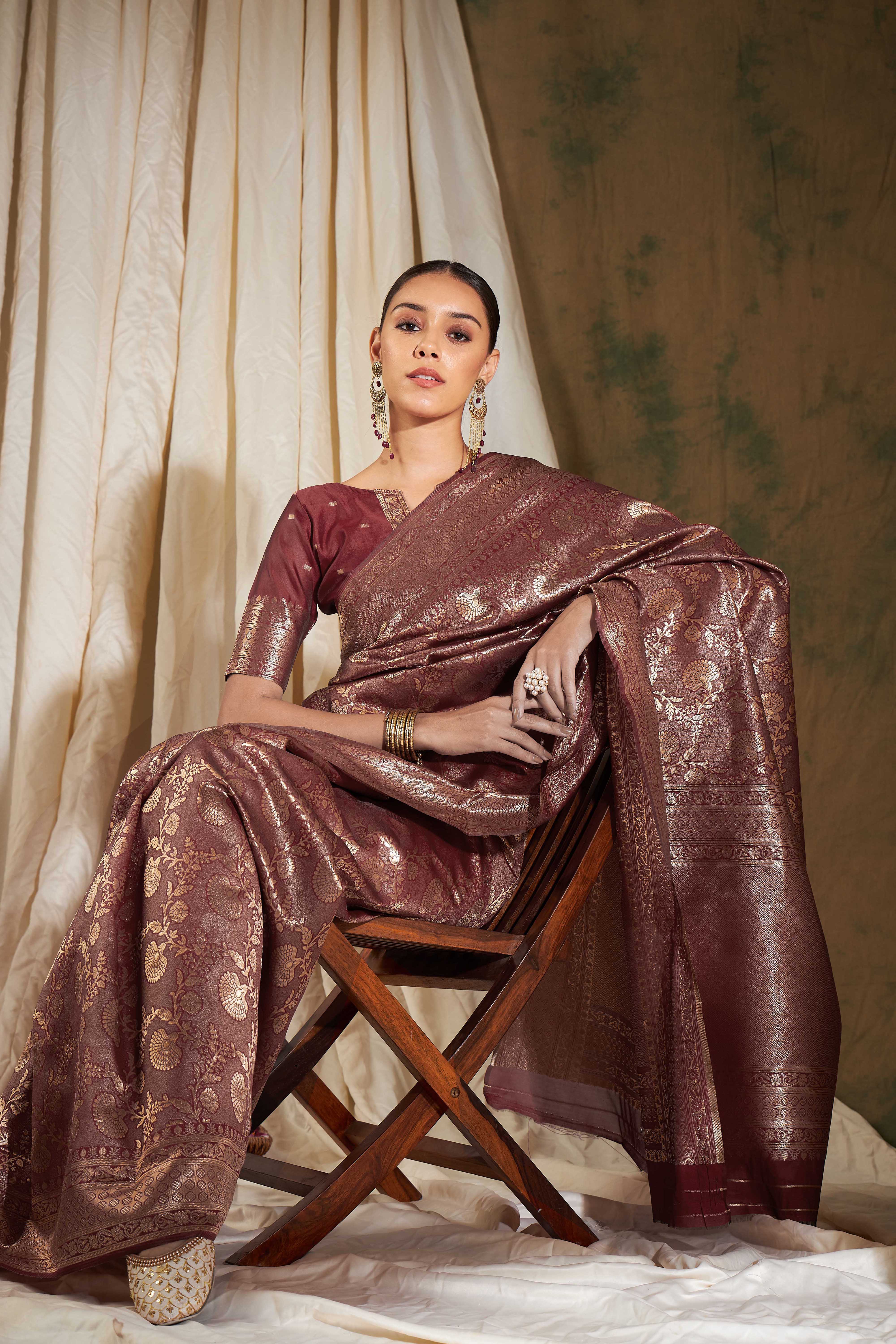Banarasi Silk Flower Jall Saree-Maroon