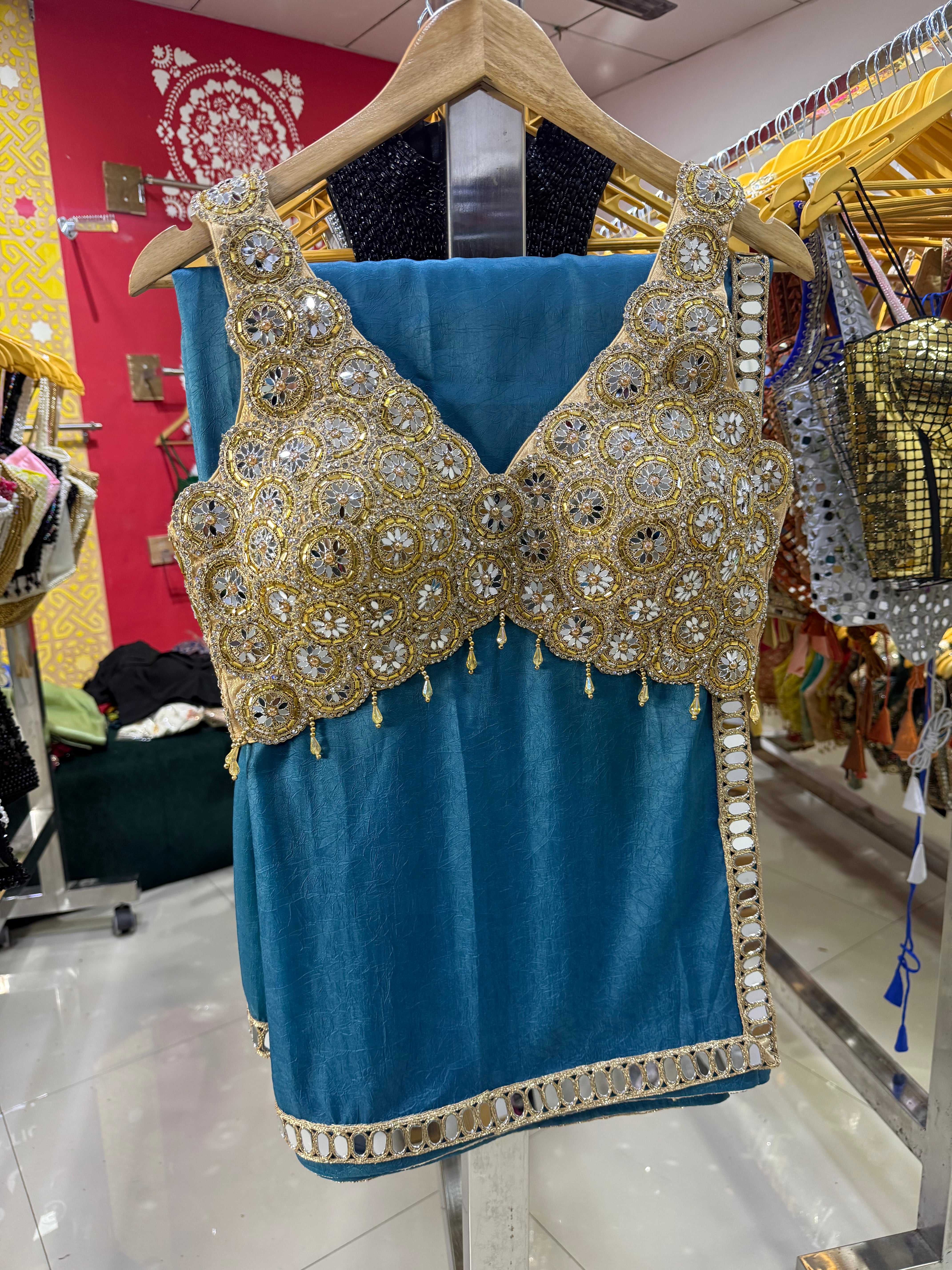 Luxury Beads & Mirror Silk Blouse Saree Combo
