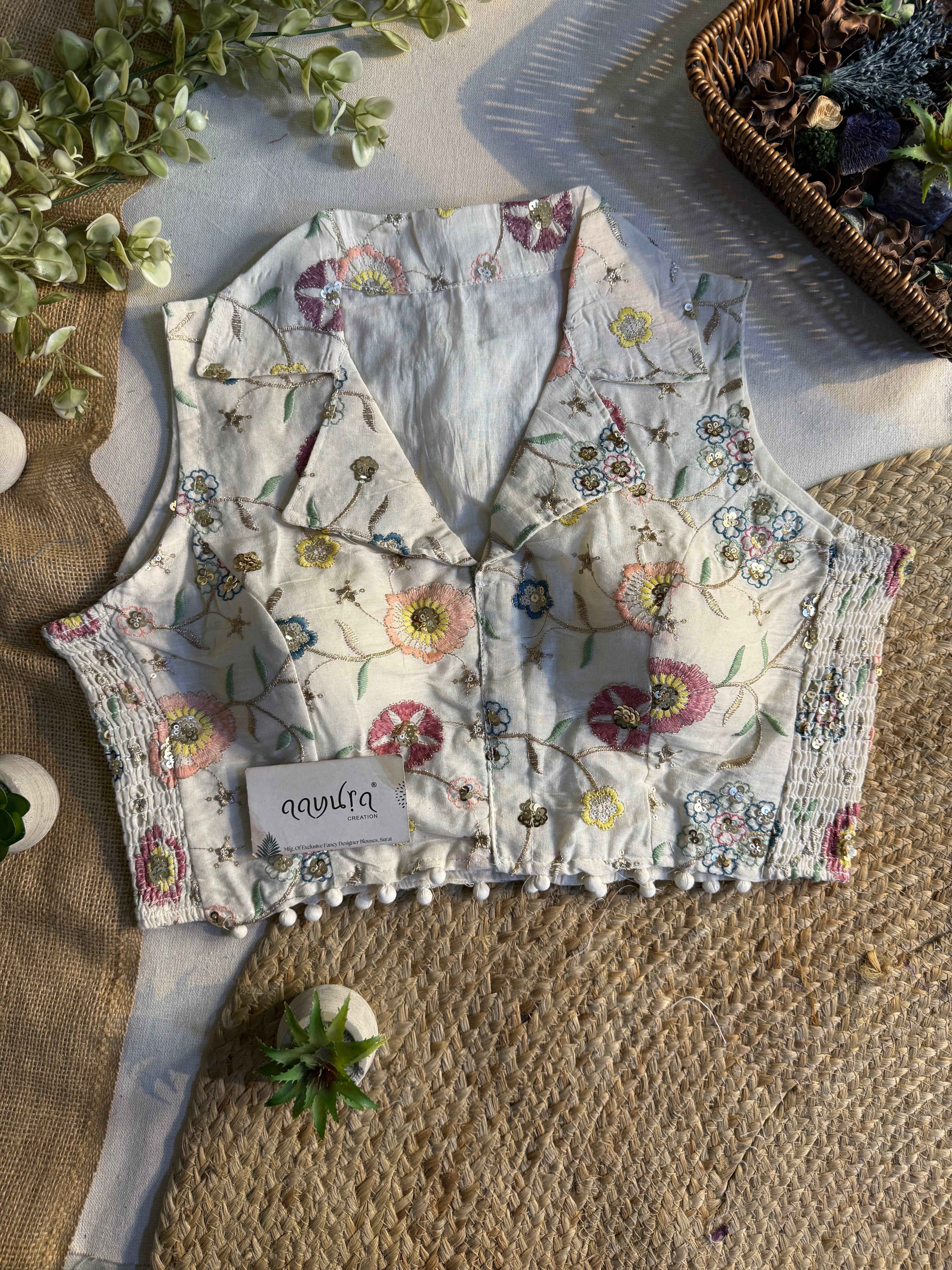 Classic Off-White Stretchable Embroidery Blouse
