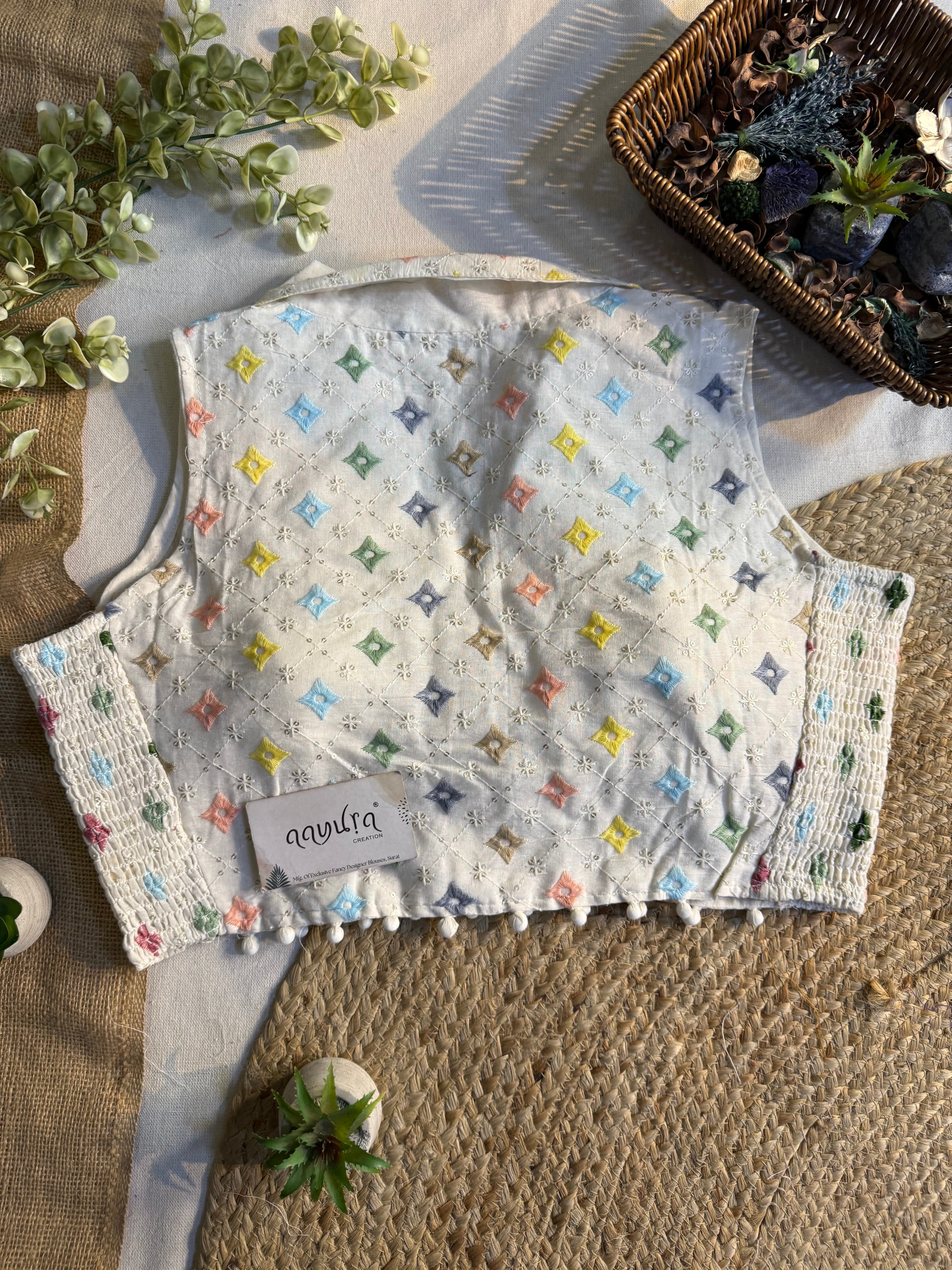 Classic Off-White Stretchable Embroidery Blouse