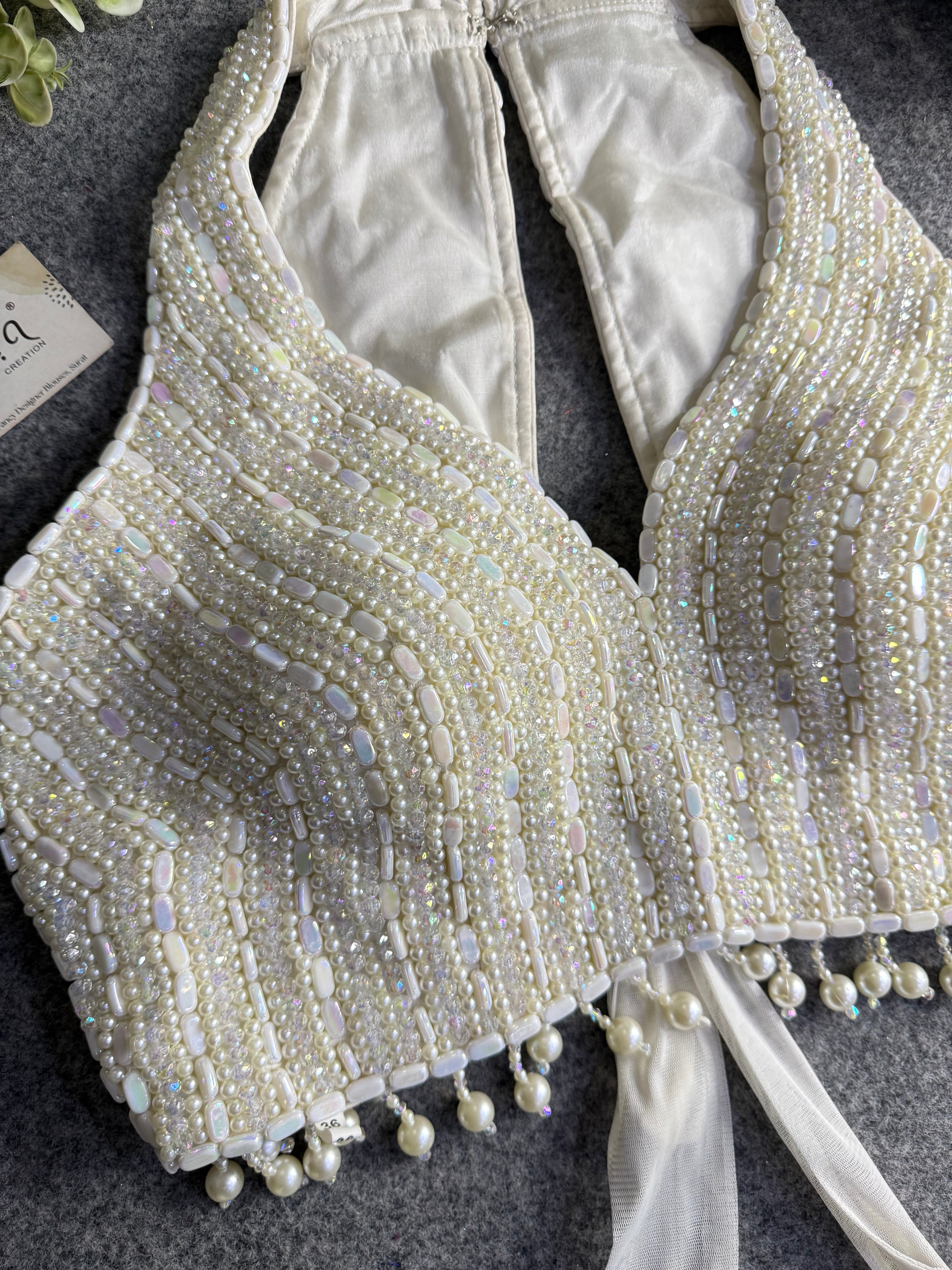 Heavy Pearl Handworked Back-Tie Designer Blouse