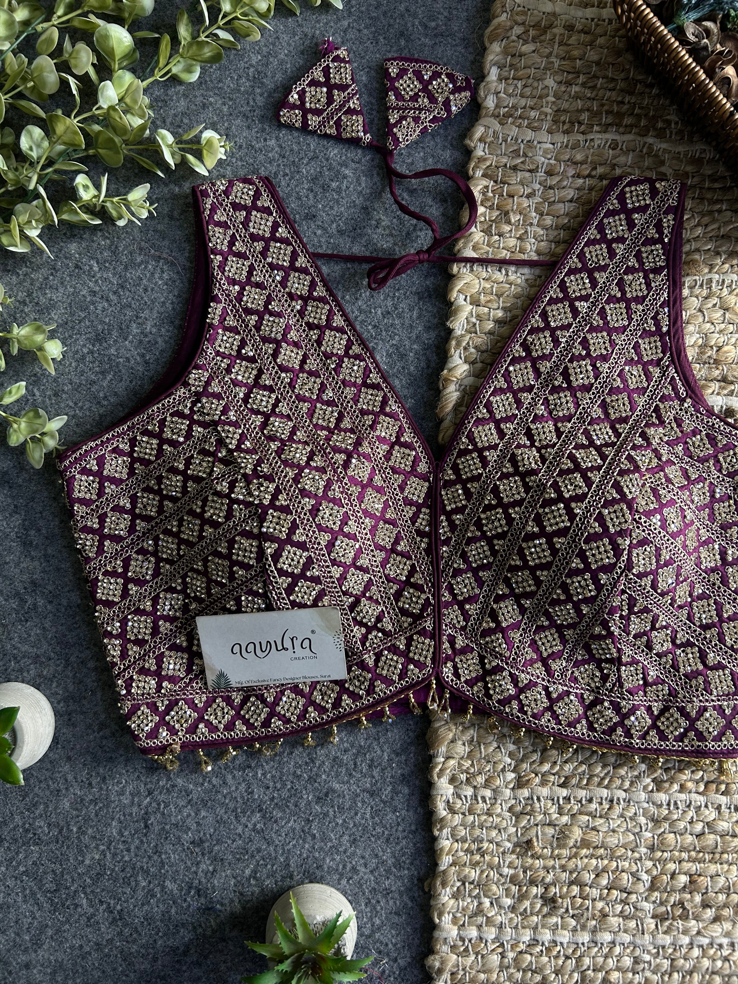 Heavy Stone Work Designer V-Neck Lace Blouse