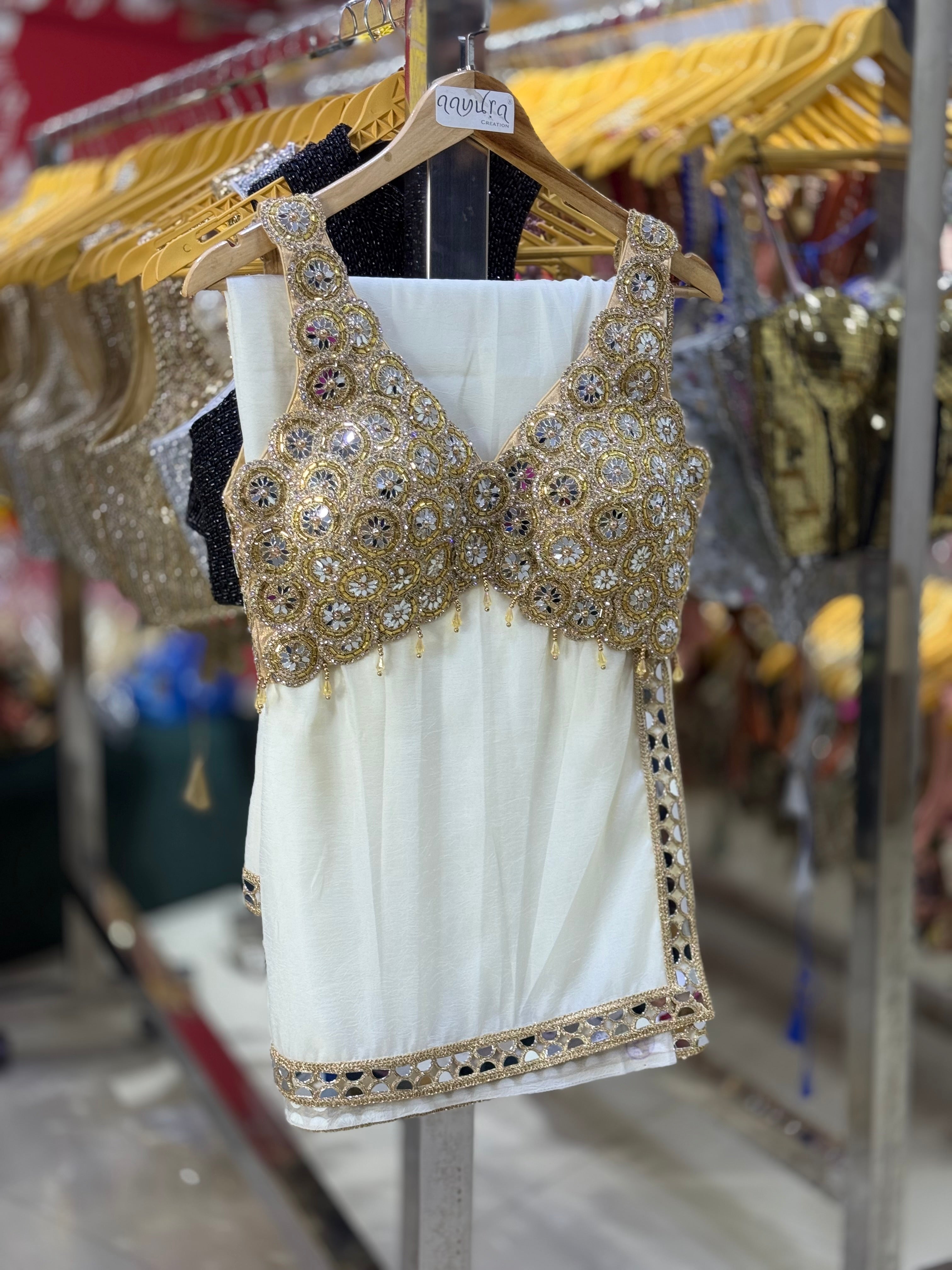 Luxury Beads & Mirror Silk Blouse Saree Combo