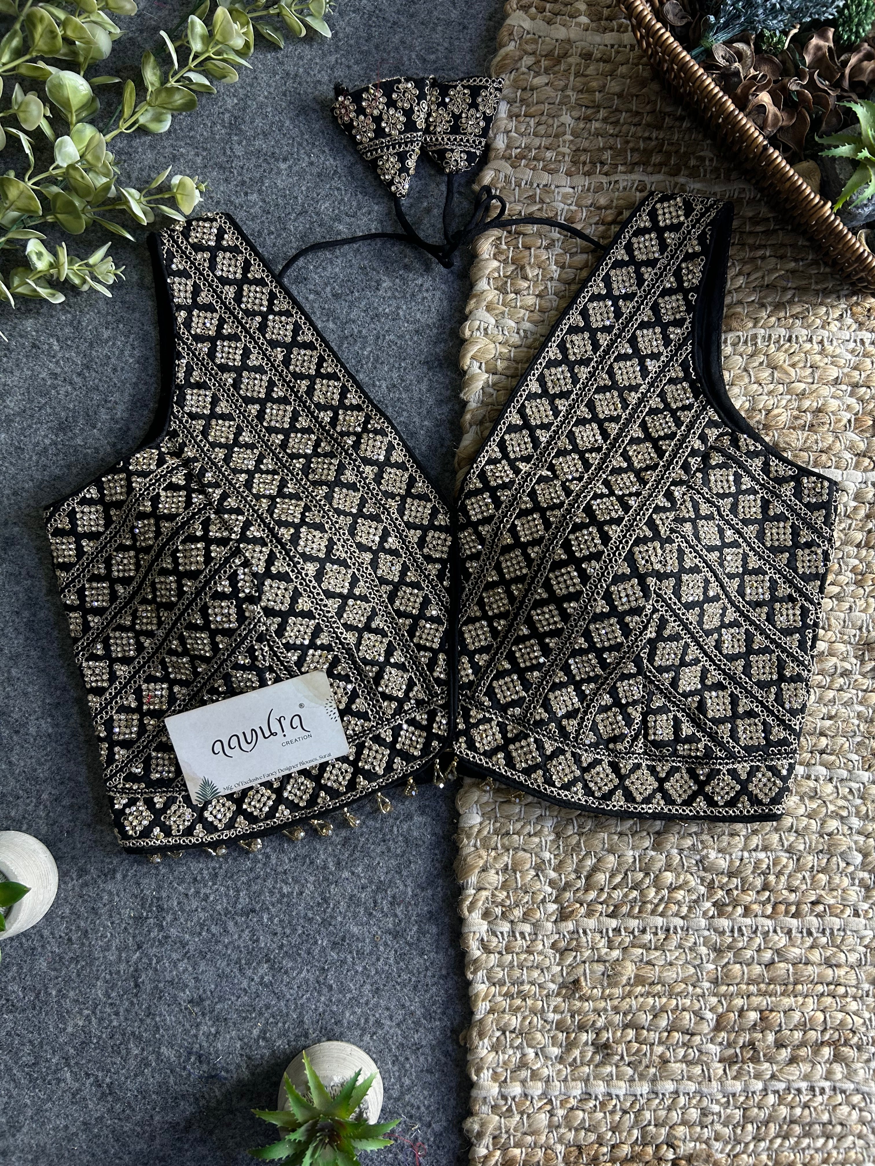 Heavy Stone Work Designer V-Neck Lace Blouse