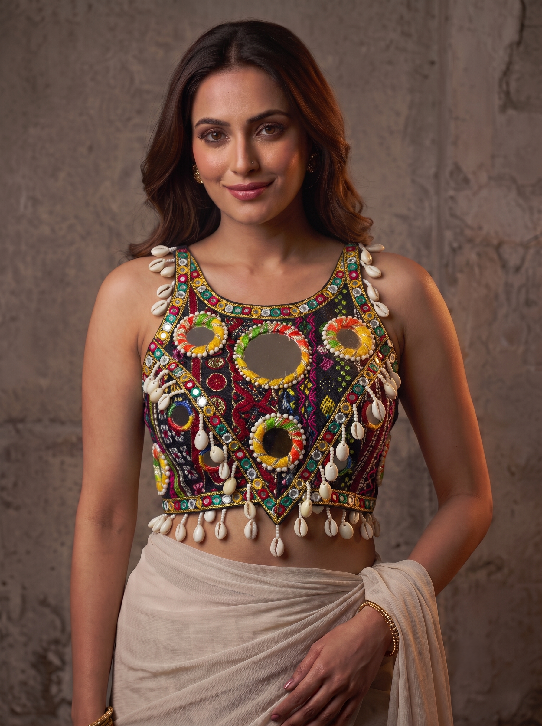 Navratna Mirror & Shell Halter Neck Blouse