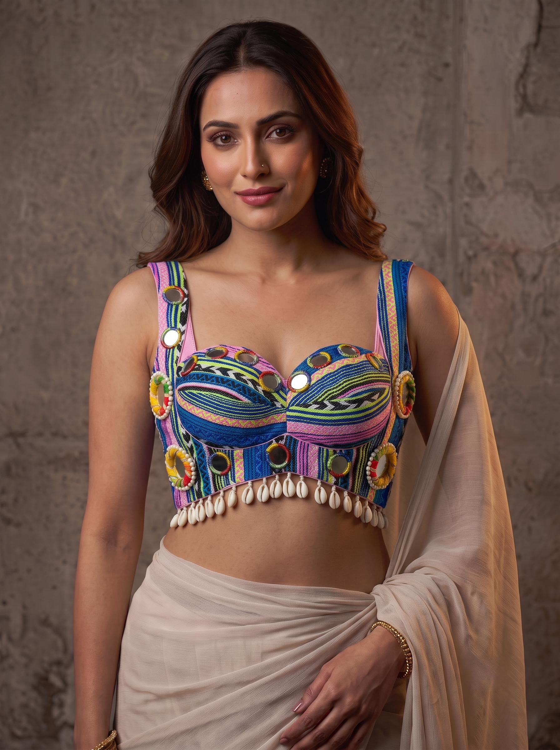 Navratna Mirror & Shell With Fancy Neckline Blouse