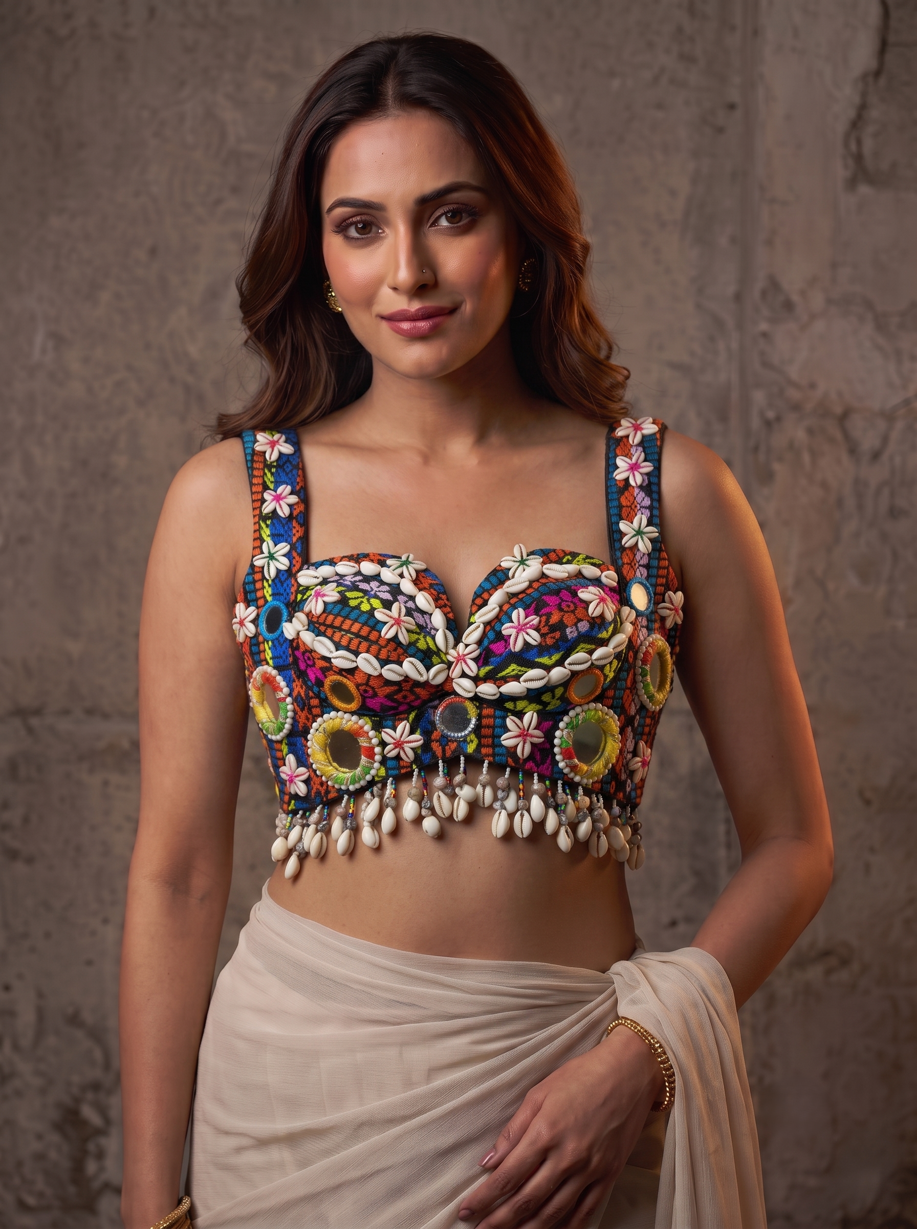 Navratna Mirror & Shell With Fancy Neckline Blouse