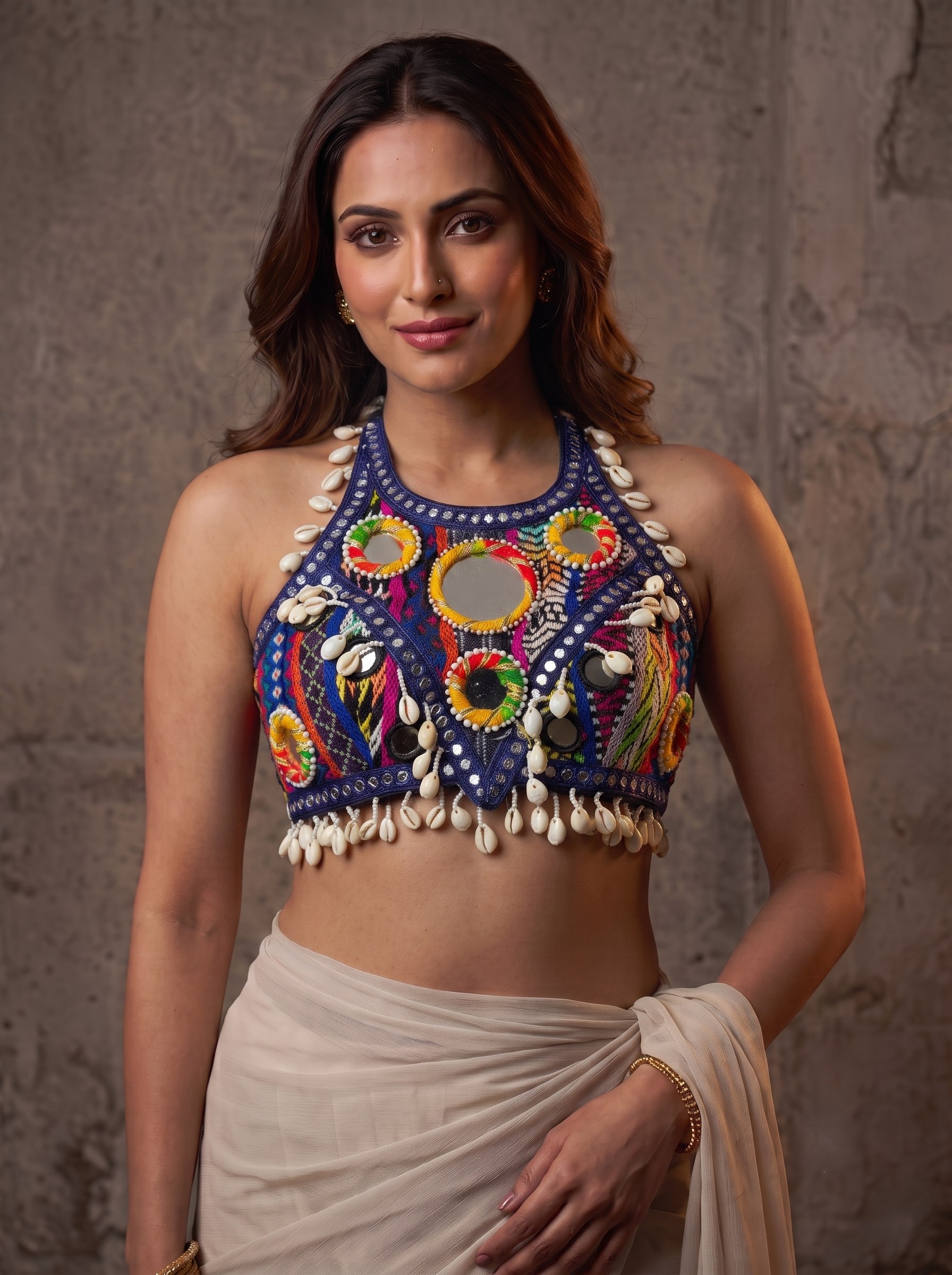 Navratna Mirror & Shell Halter Neck Blouse