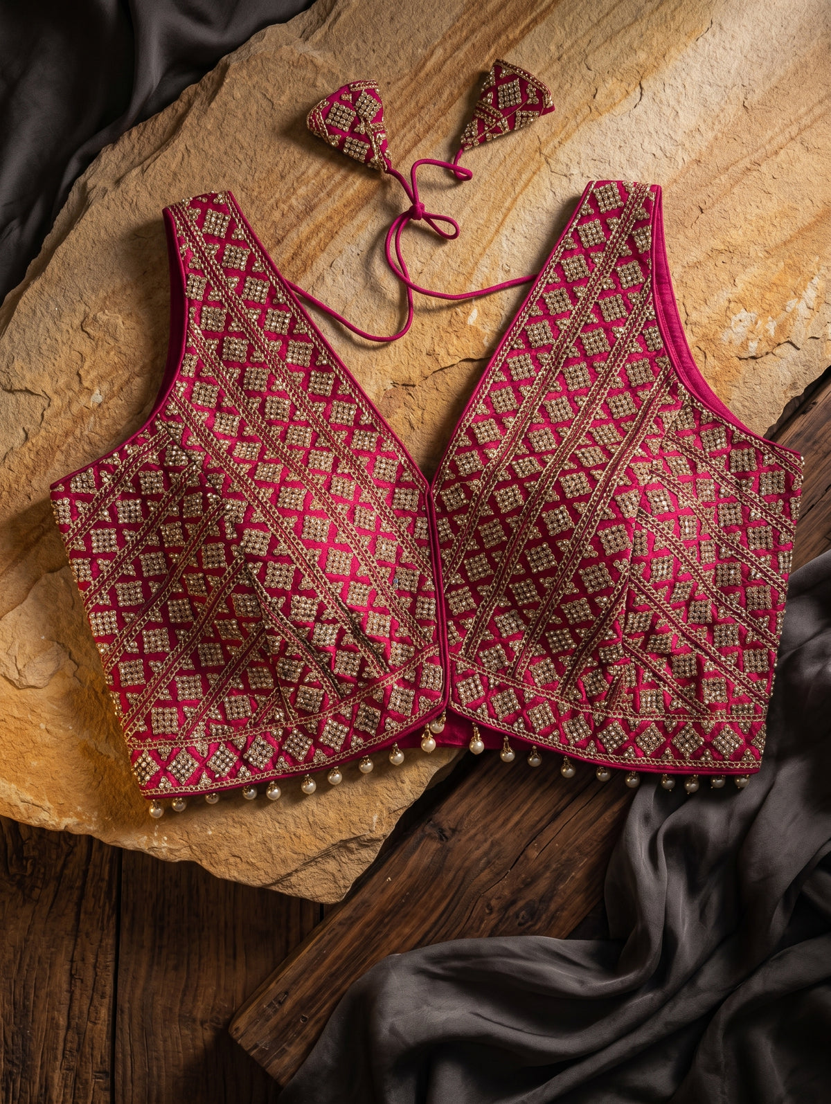 Heavy Stone Work Designer V-Neck Lace Blouse