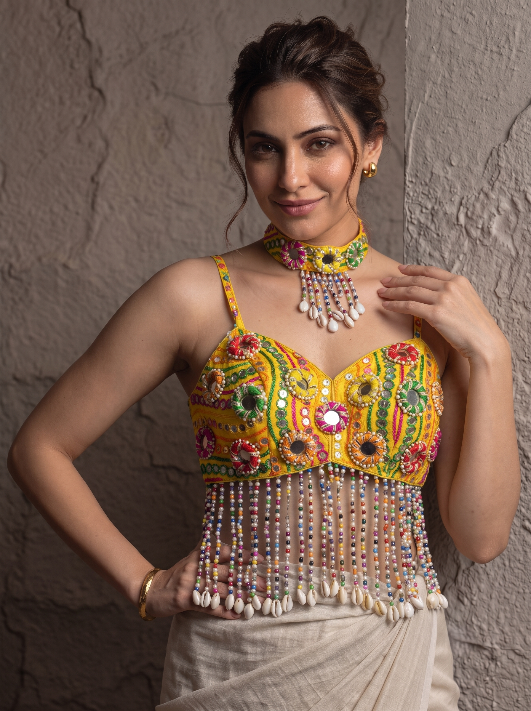Navratri Special Mirror Pearl Blouse with Necklace