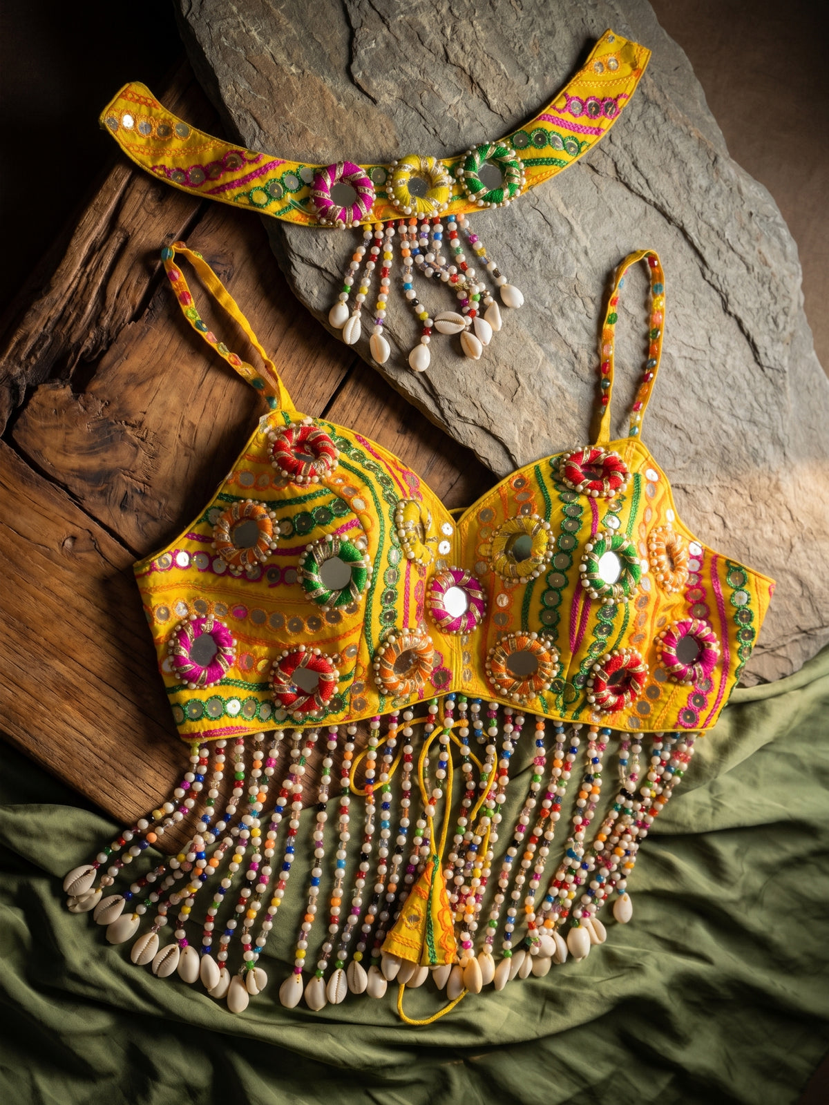 Navratri Special Mirror Pearl Blouse with Necklace