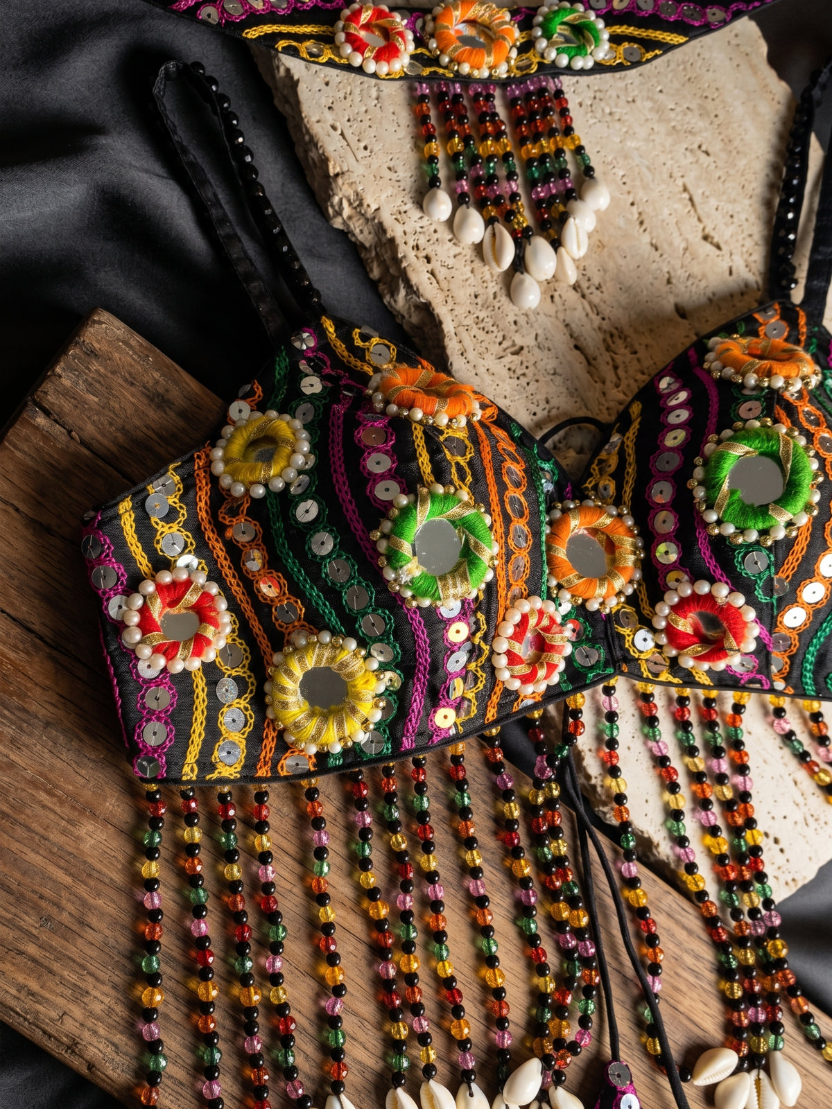 Navratri Special Mirror Pearl Blouse with Necklace