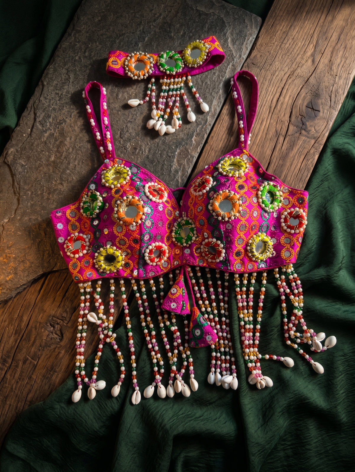 Navratri Special Mirror Pearl Blouse with Necklace