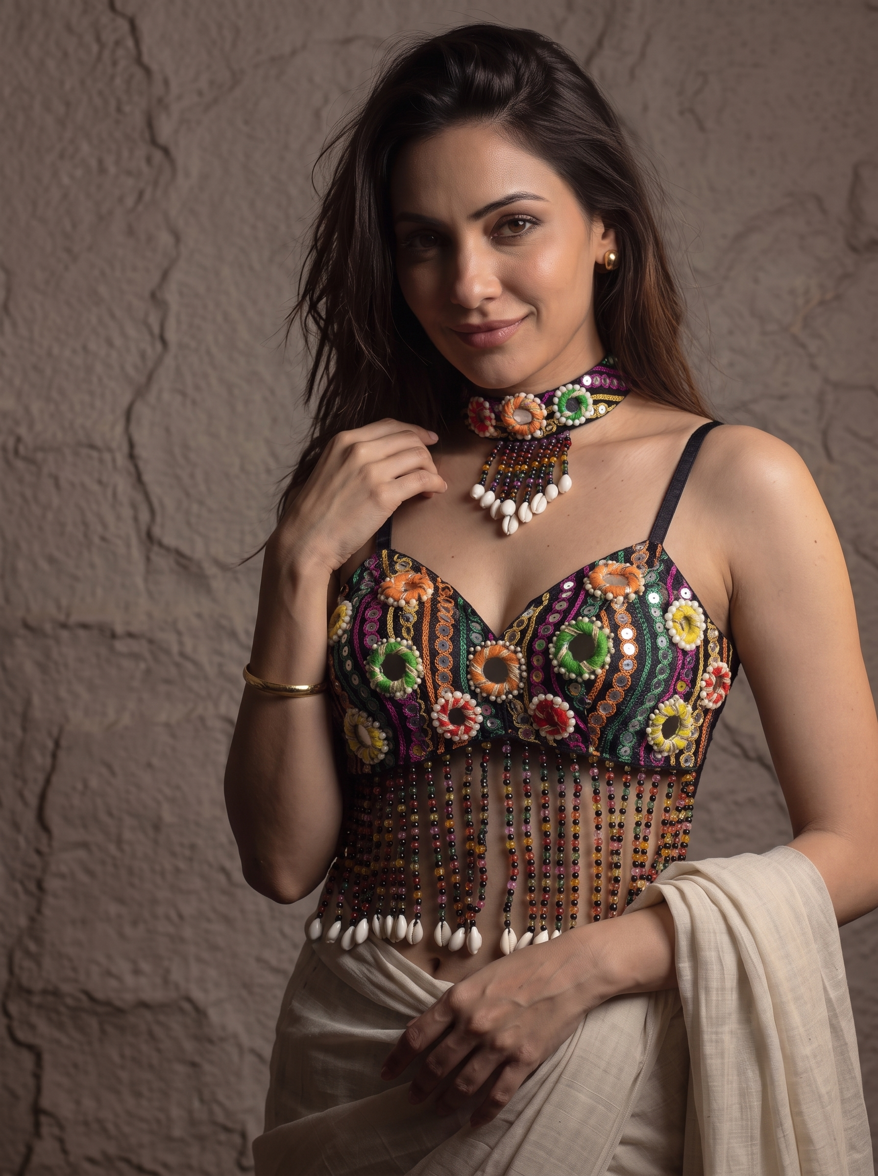 Navratri Special Mirror Pearl Blouse with Necklace