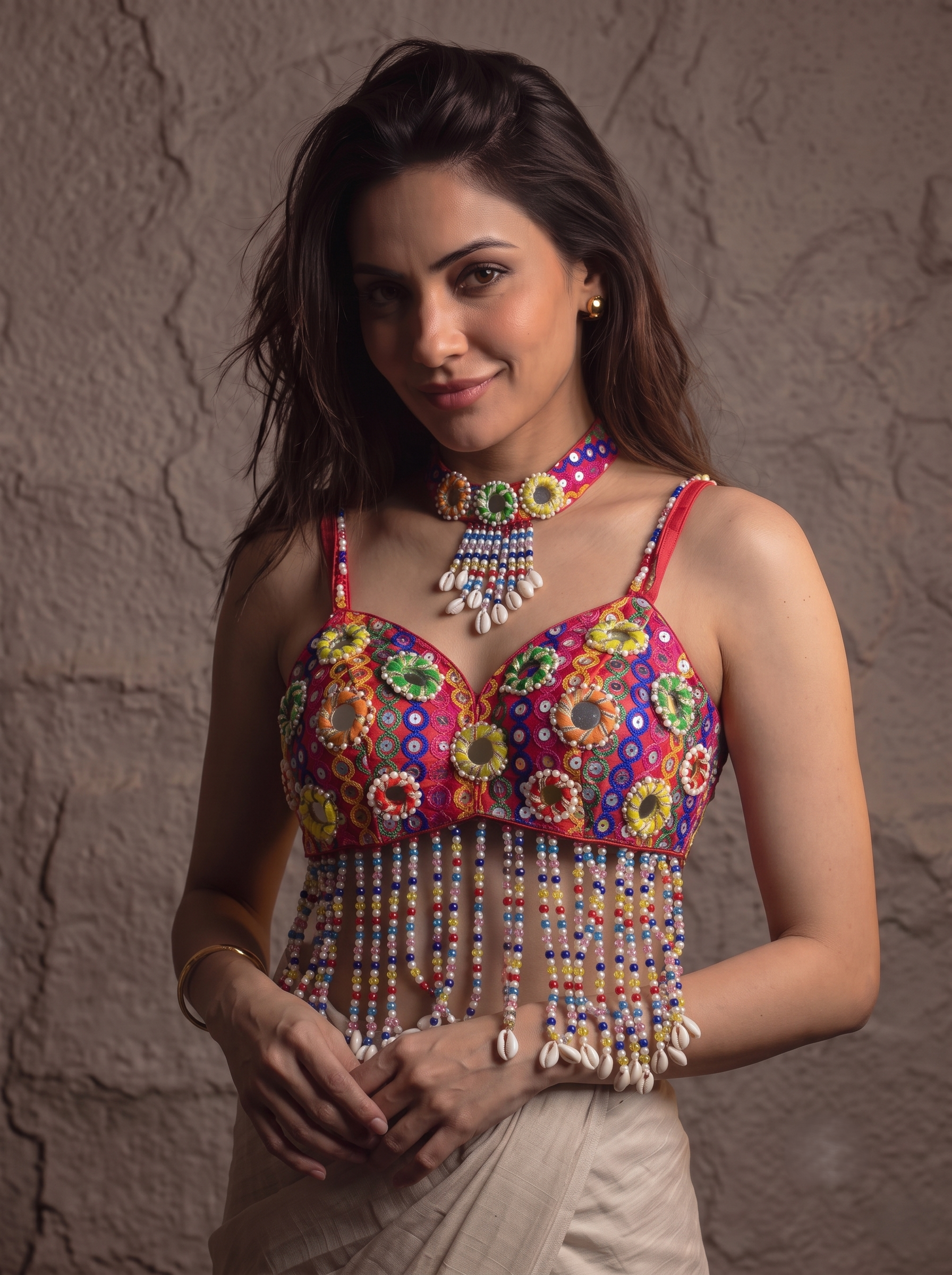 Navratri Special Mirror Pearl Blouse with Necklace