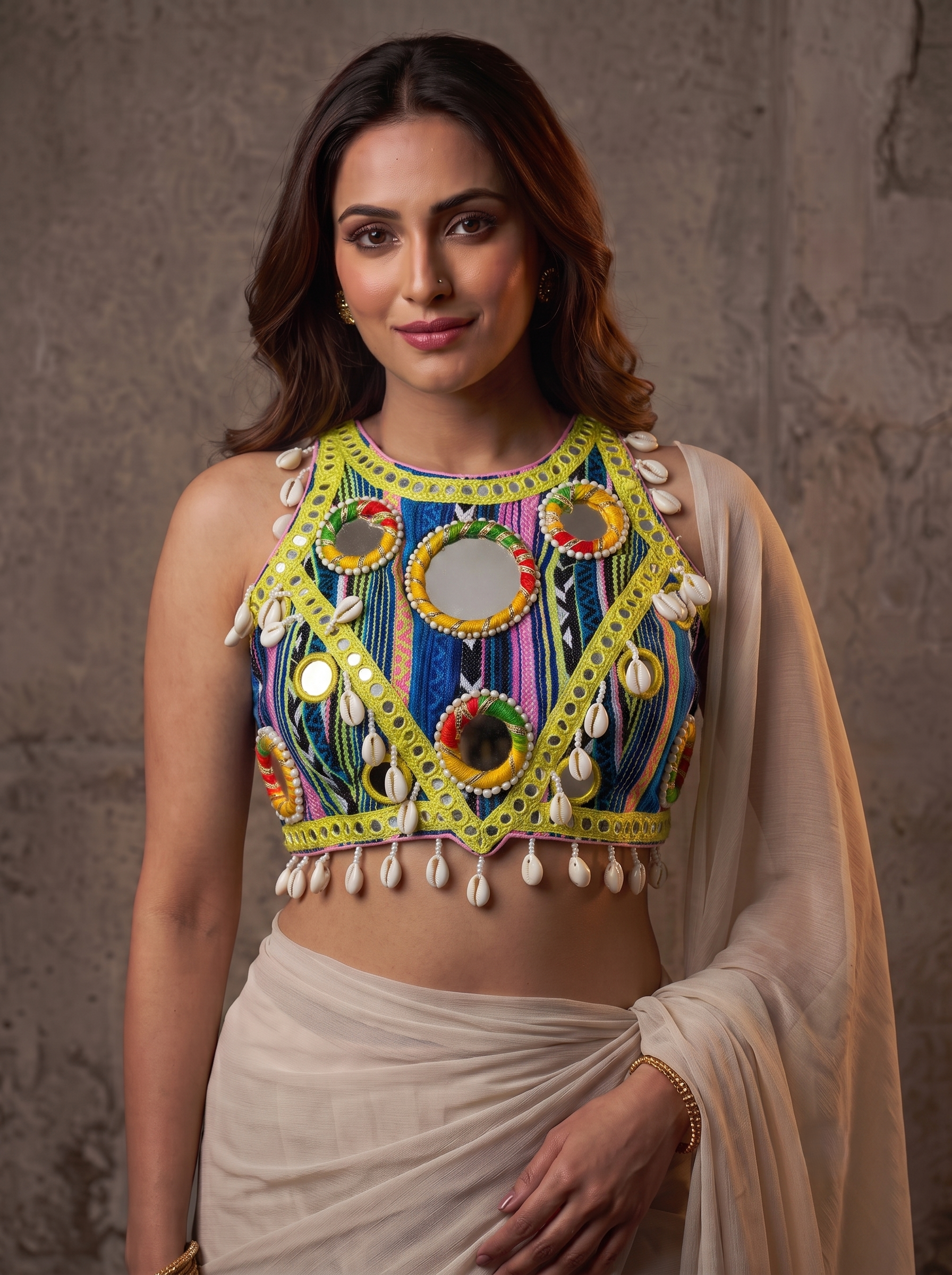 Navratna Mirror & Shell Halter Neck Blouse