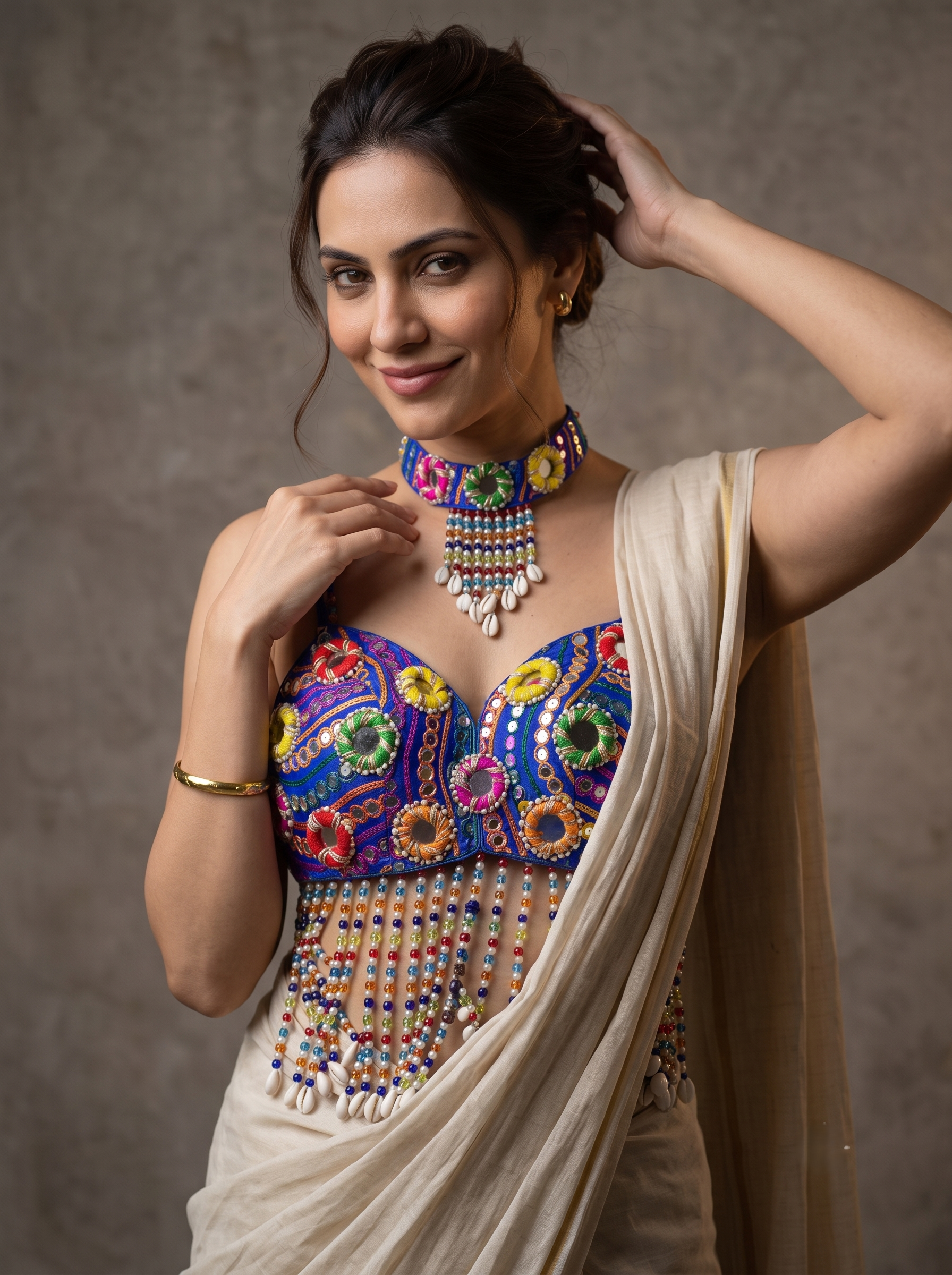 Navratri Special Mirror Pearl Blouse with Necklace