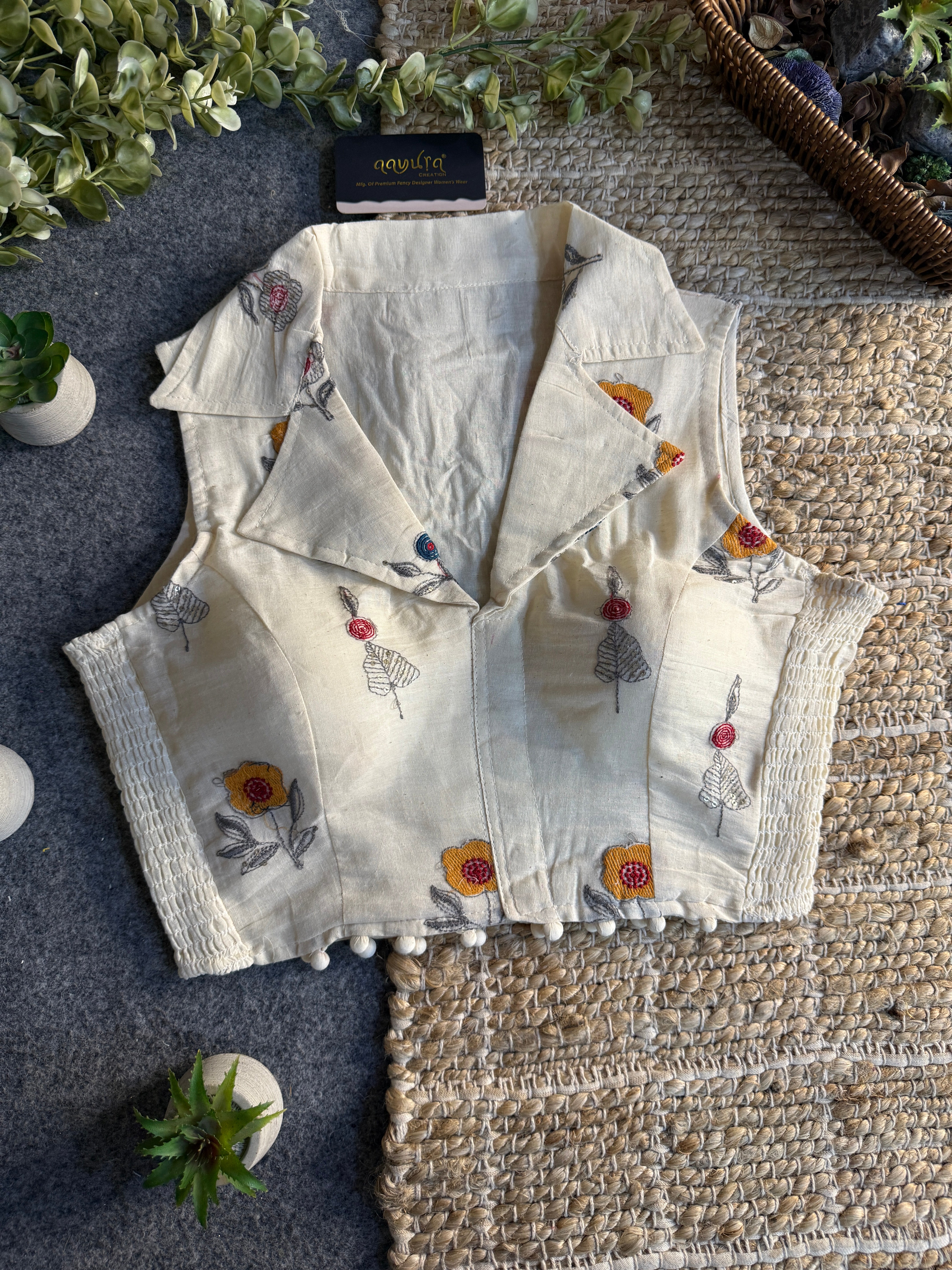 Classic Off-White Stretchable Embroidery Blouse