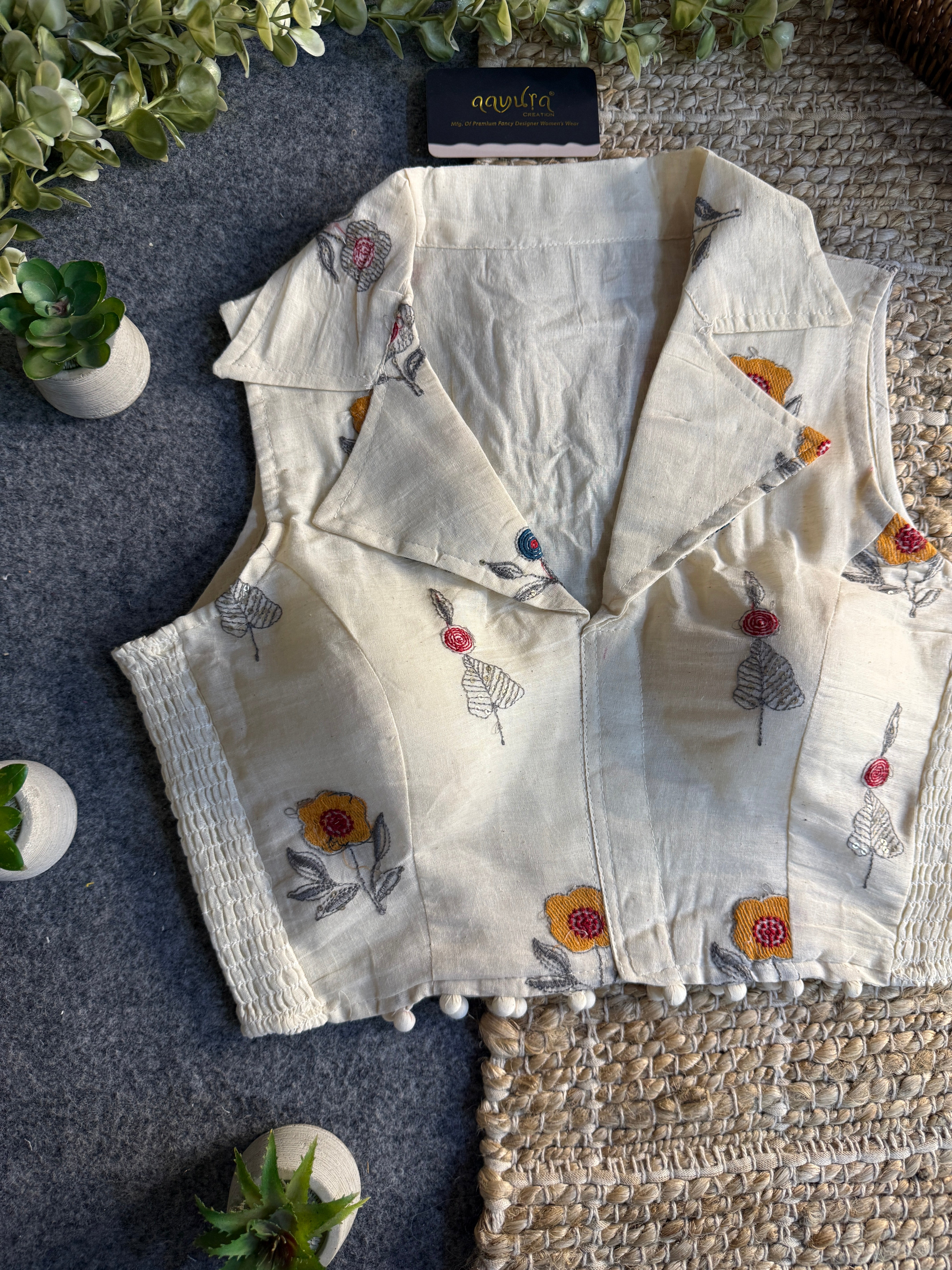 Classic Off-White Stretchable Embroidery Blouse