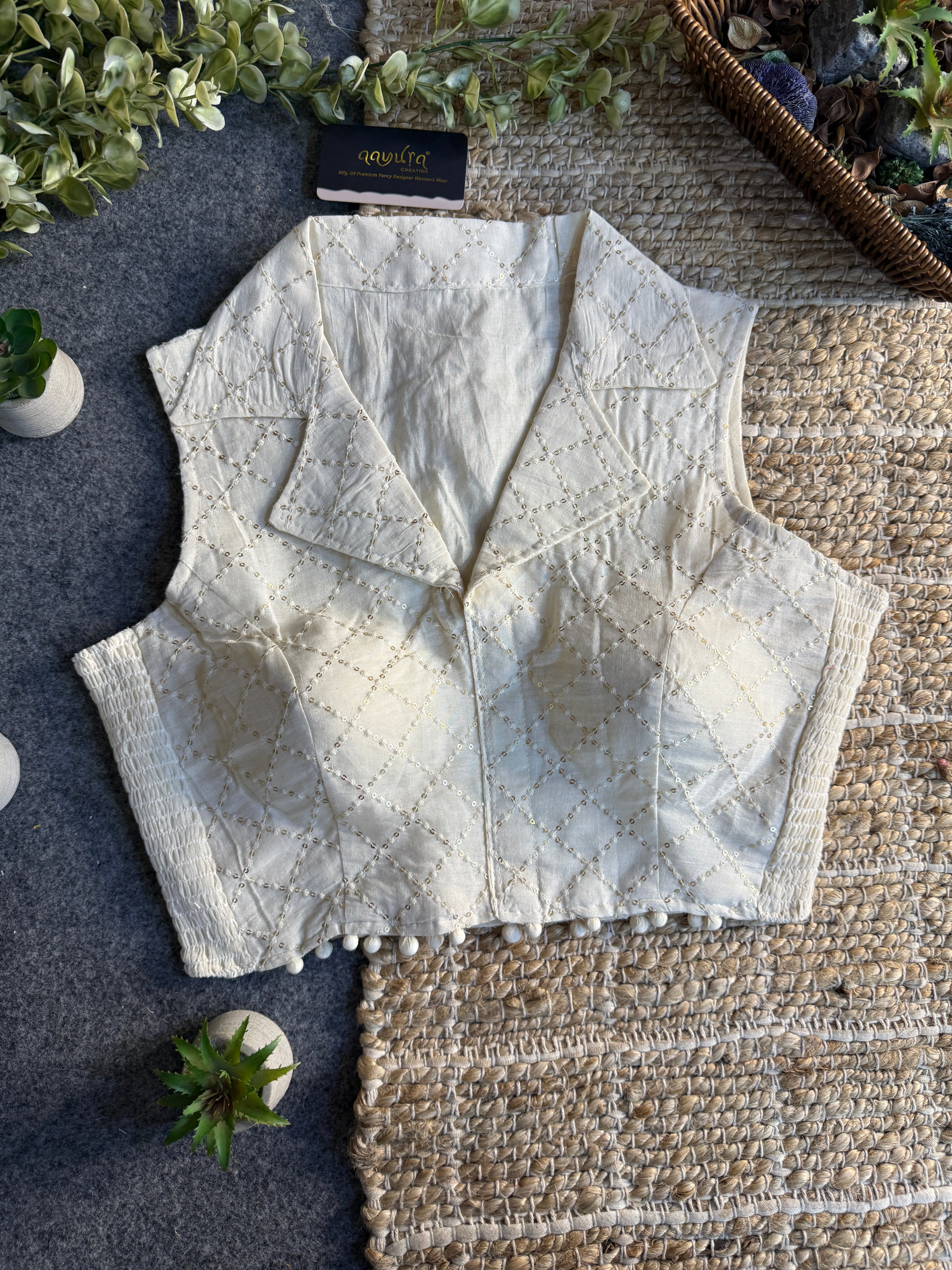 Classic Off-White Stretchable Embroidery Blouse