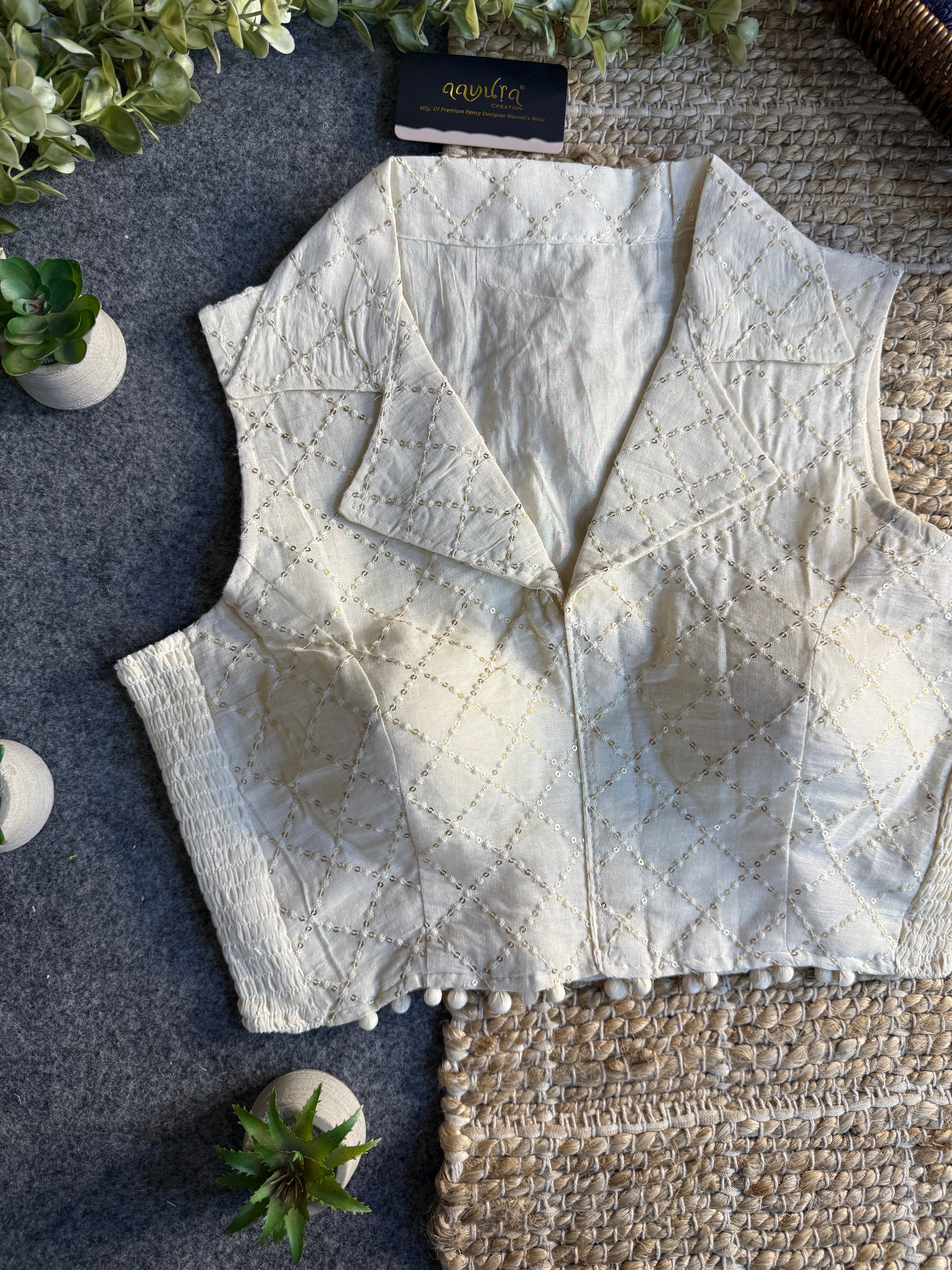 Classic Off-White Stretchable Embroidery Blouse