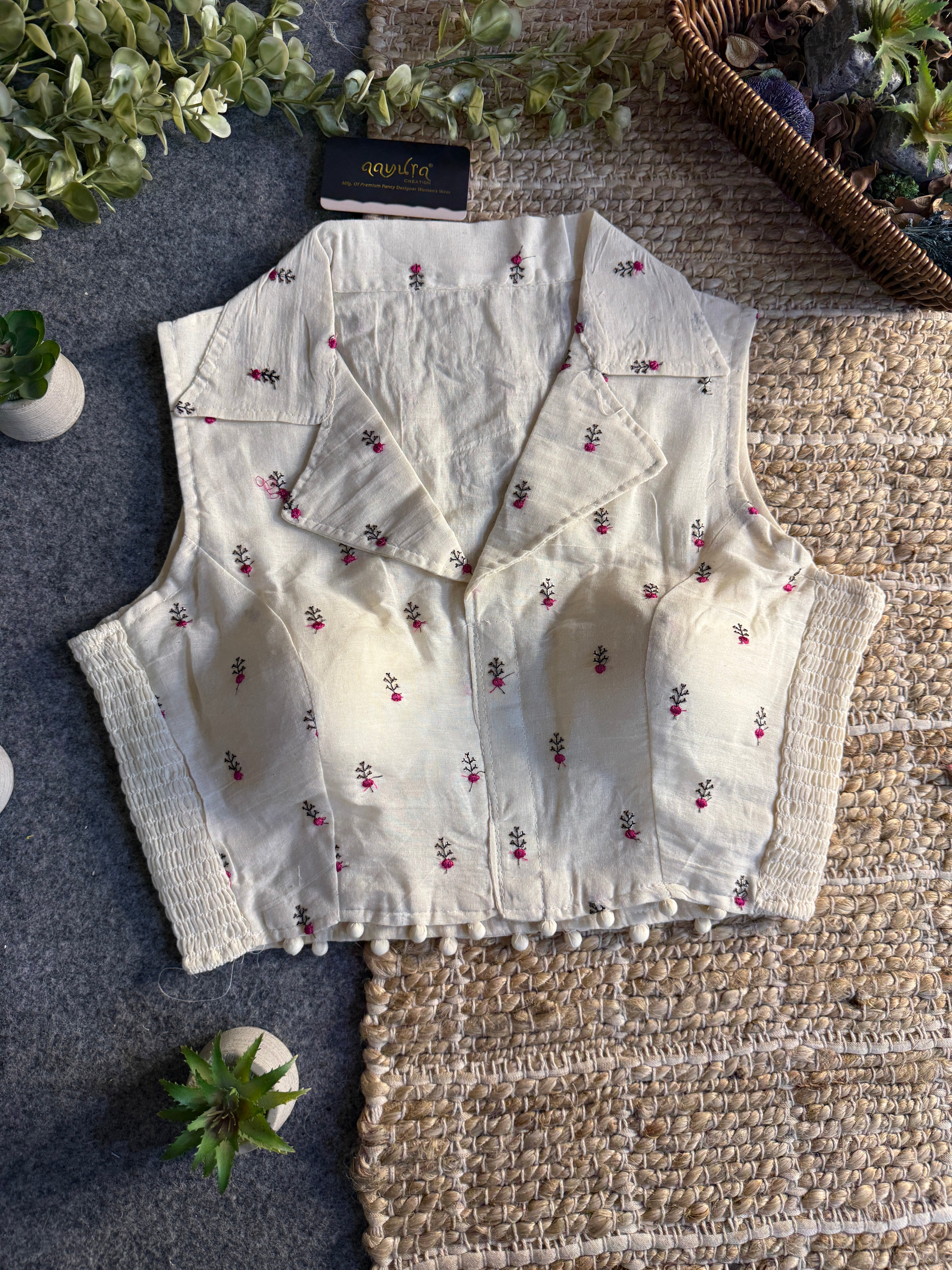 Classic Off-White Stretchable Embroidery Blouse
