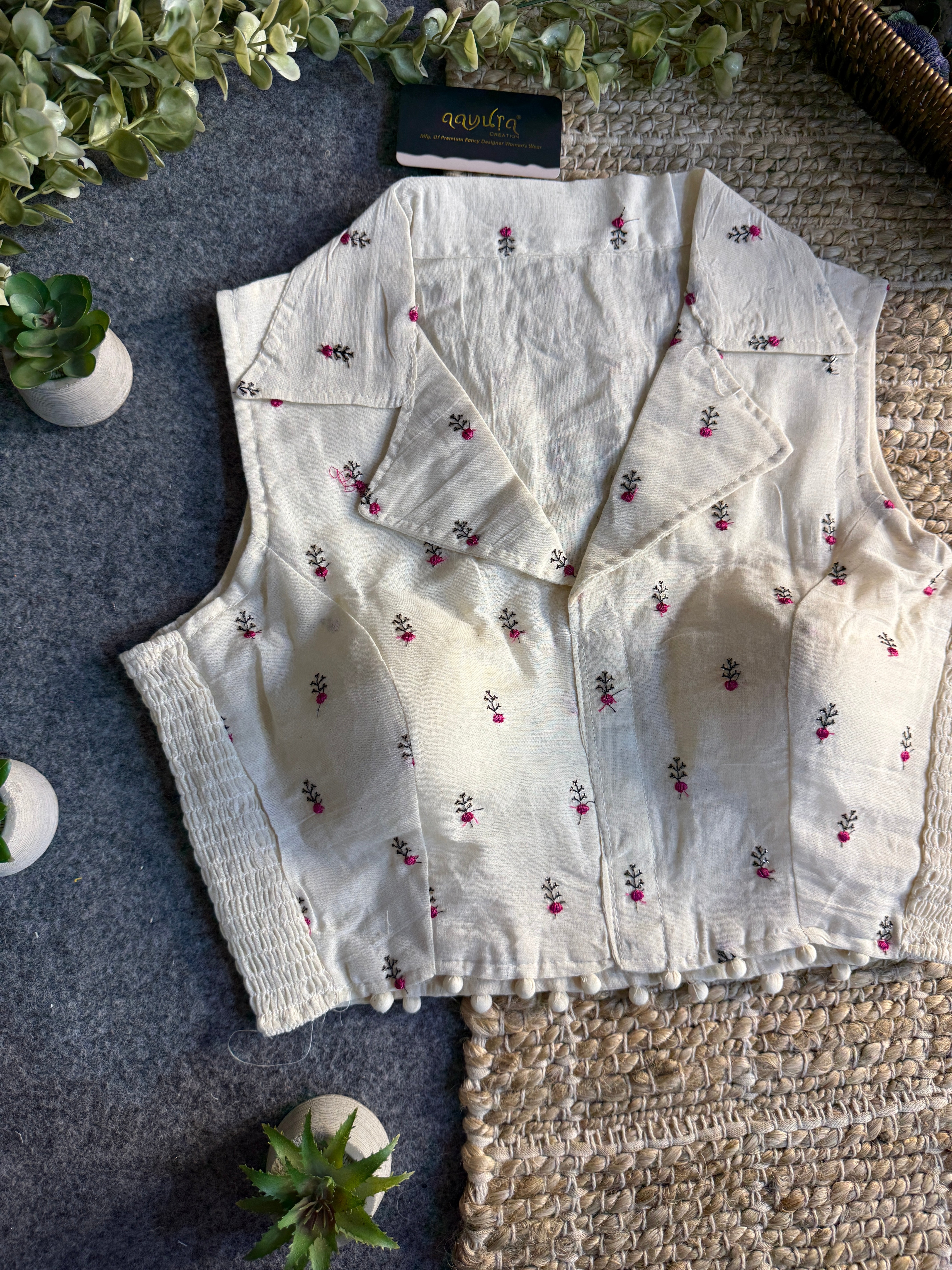Classic Off-White Stretchable Embroidery Blouse