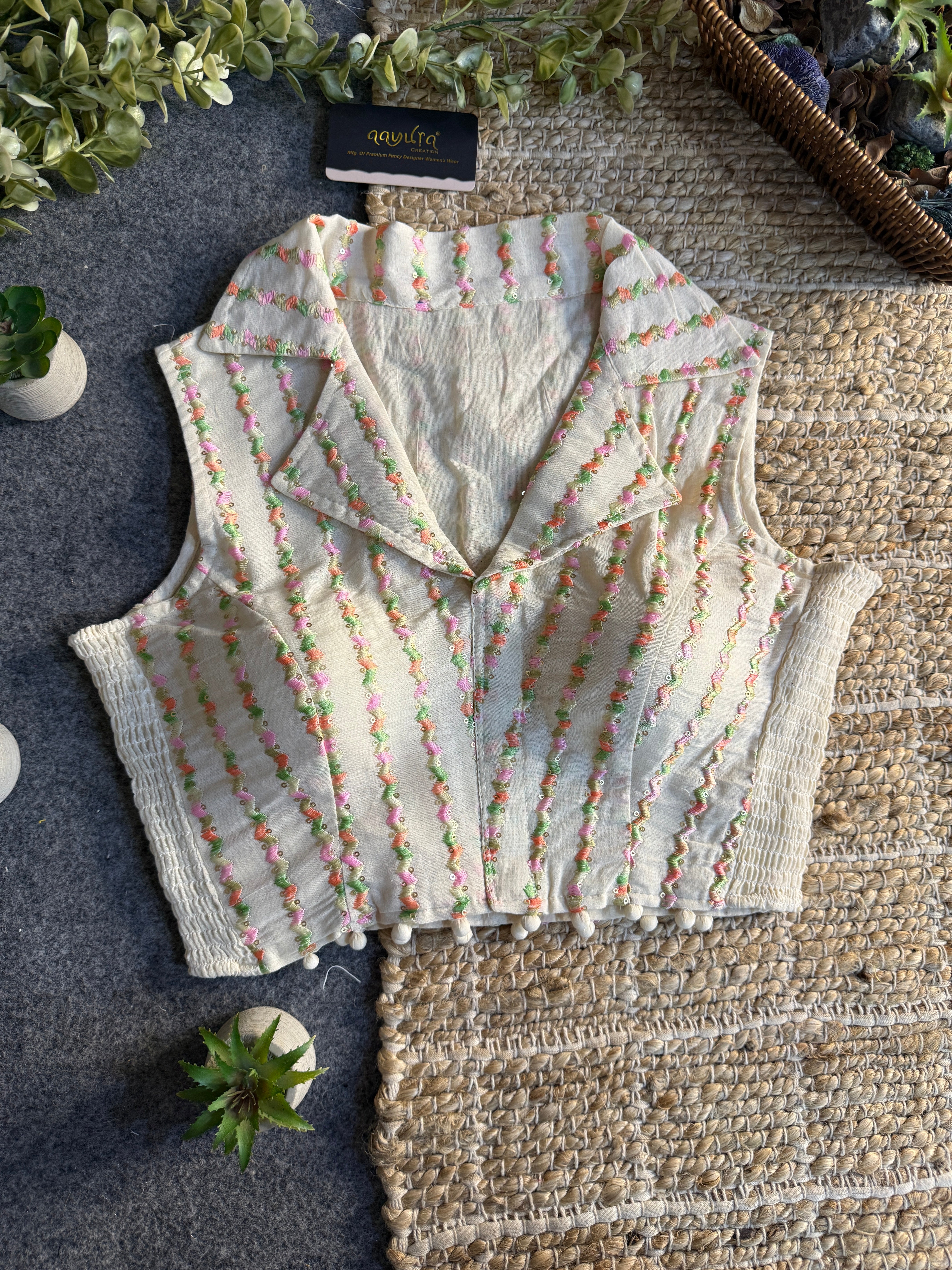 Classic Off-White Stretchable Embroidery Blouse